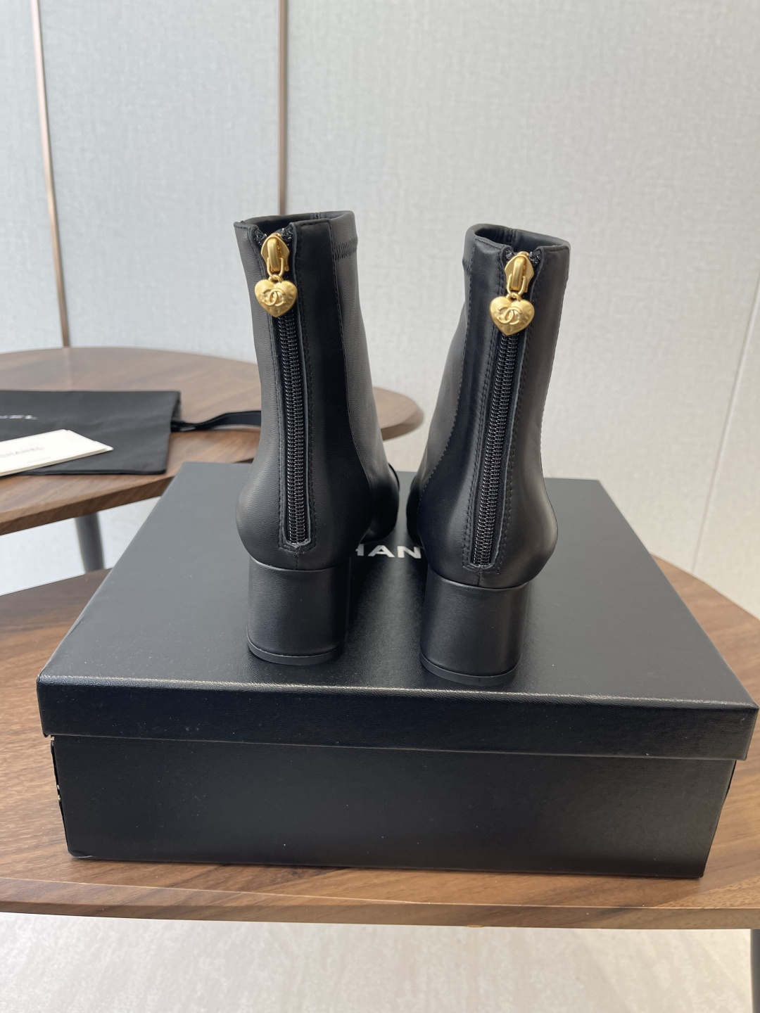 Chanel Black Lambskin Ankle Boots with Patent Toe & Block Heel