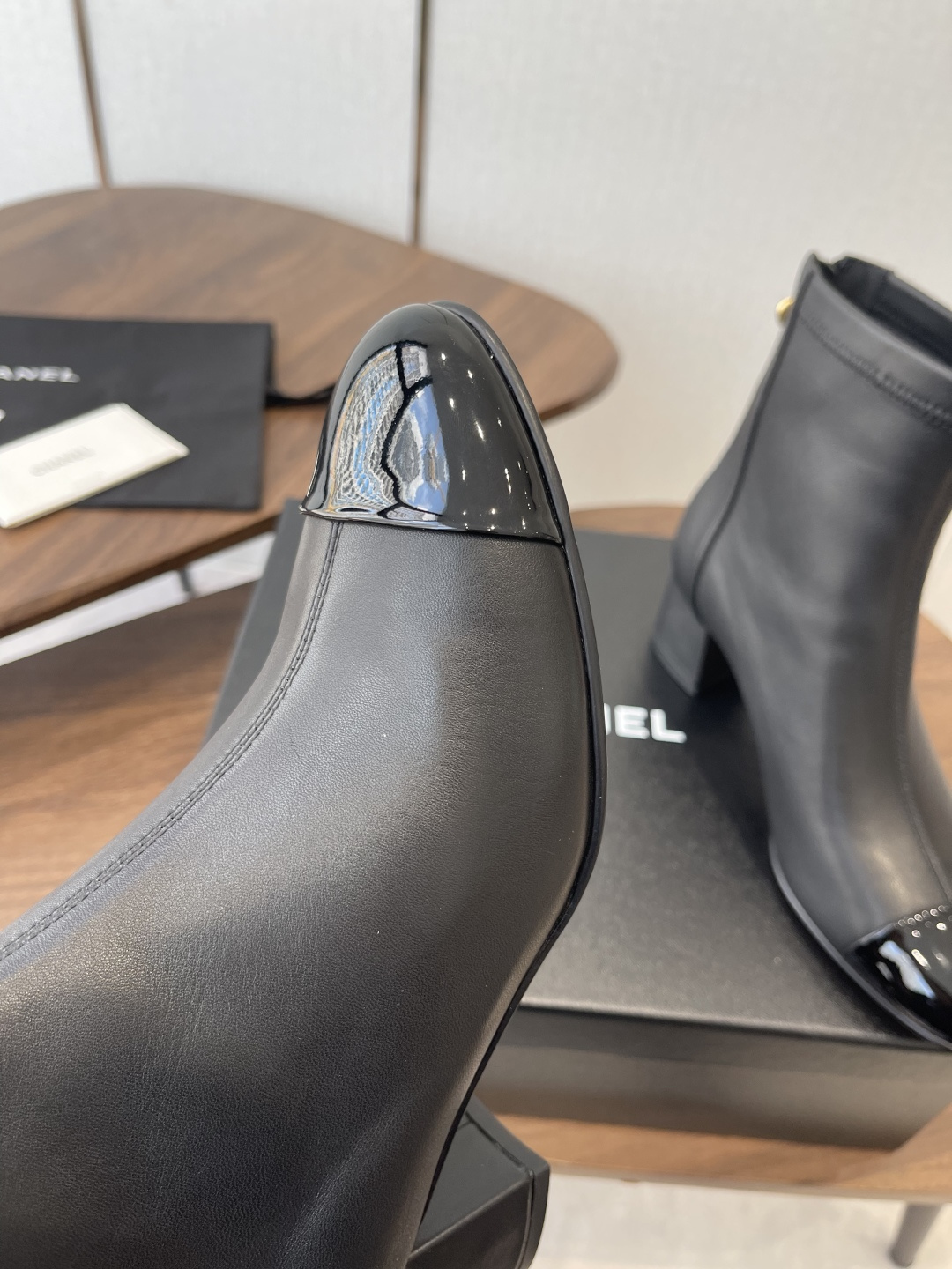 Chanel Black Lambskin Ankle Boots with Patent Toe & Block Heel