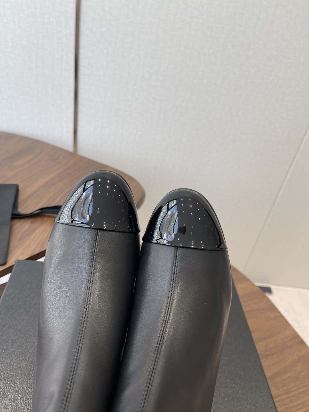 Chanel Black Lambskin Ankle Boots with Patent Toe & Block Heel