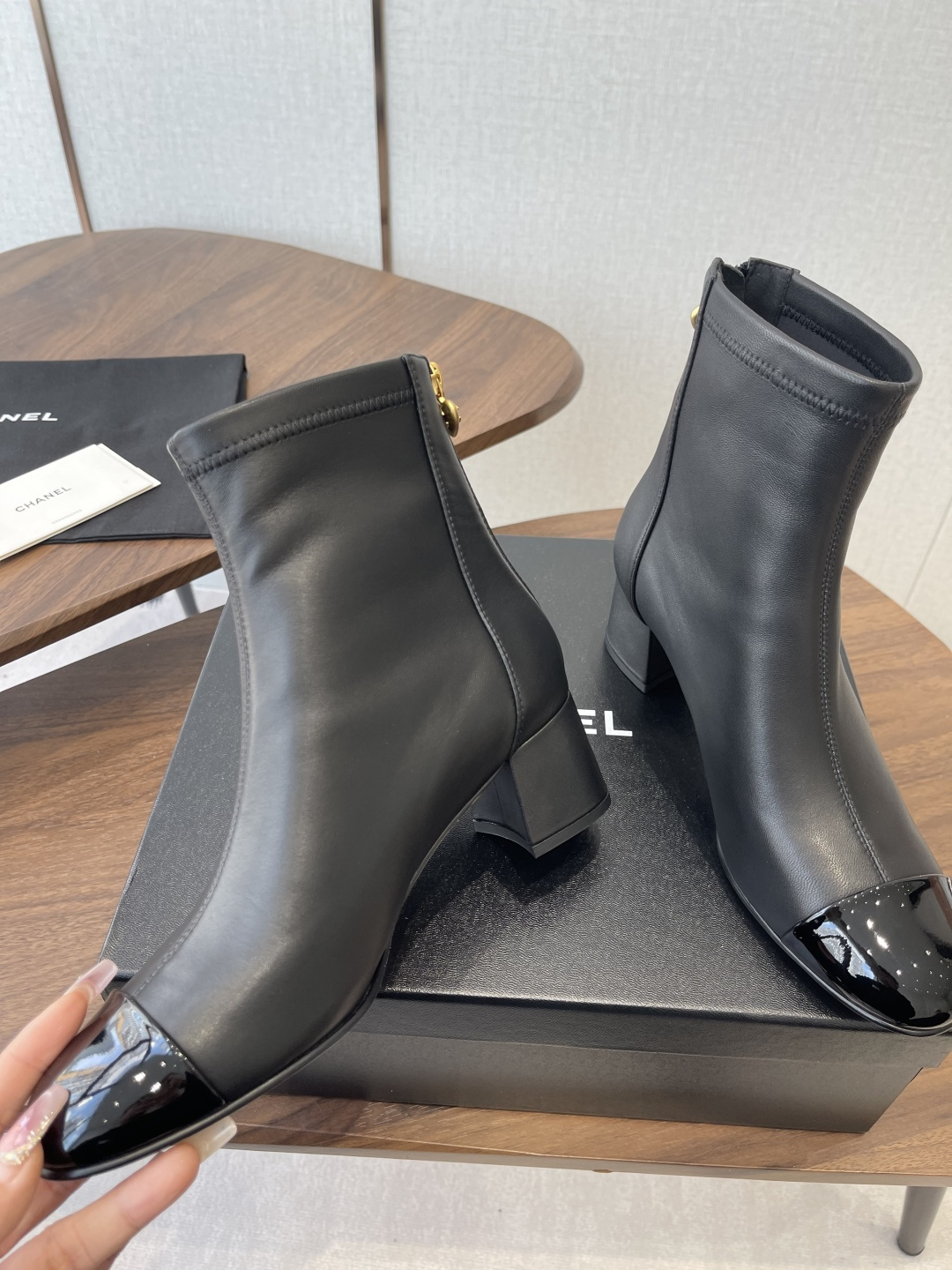 Chanel Black Lambskin Ankle Boots with Patent Toe & Block Heel