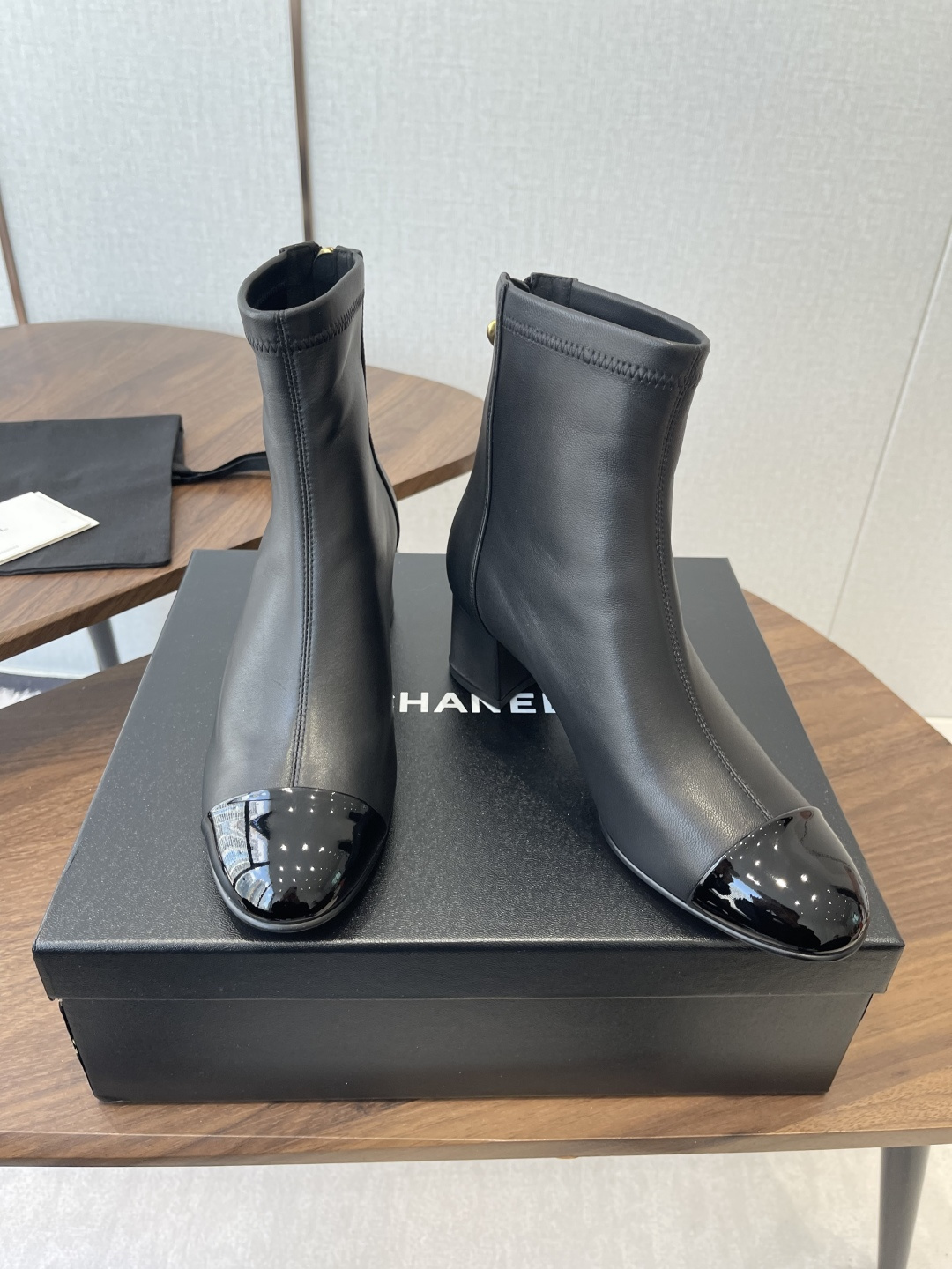 Chanel Black Lambskin Ankle Boots with Patent Toe & Block Heel