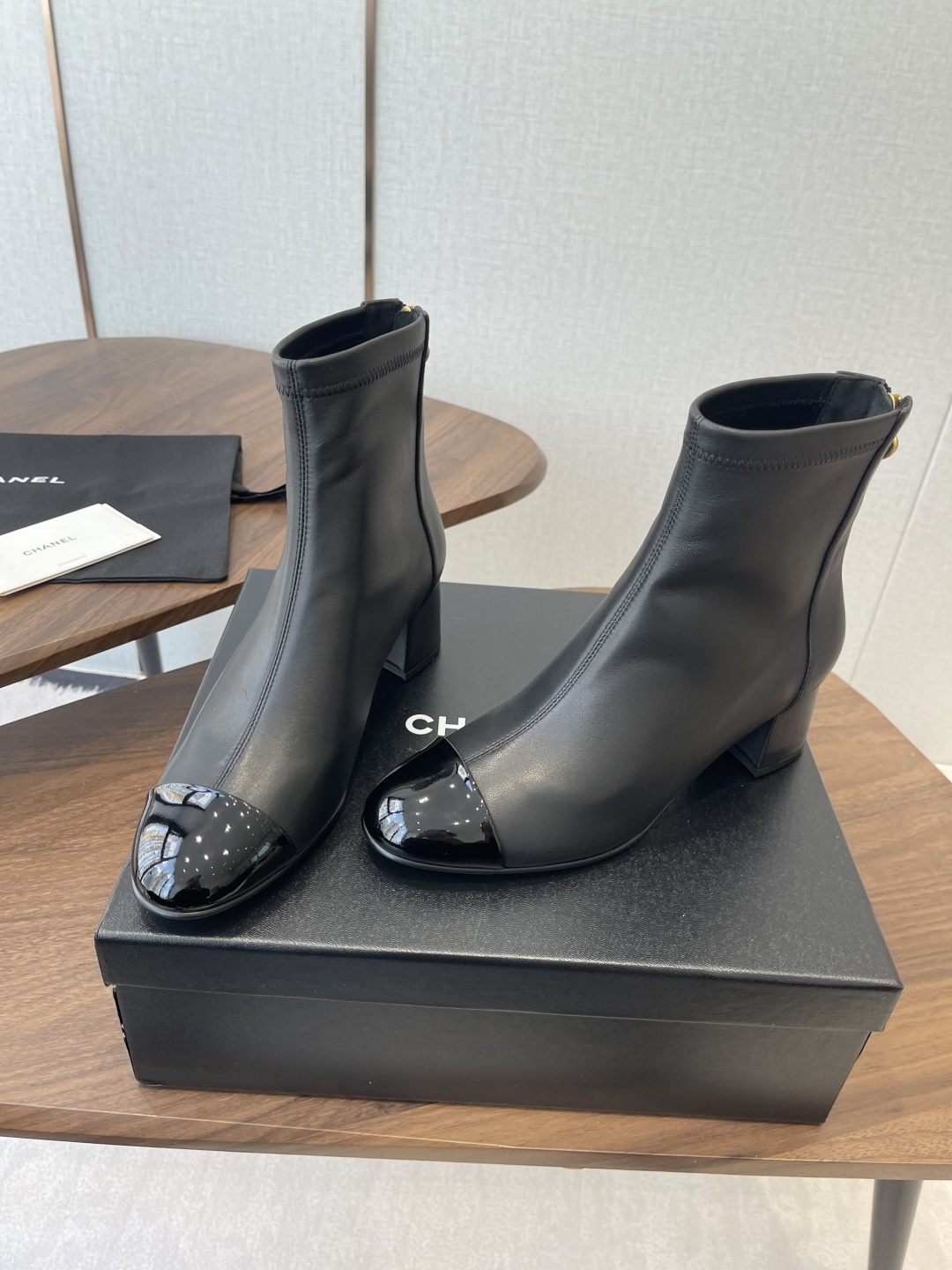 Chanel Black Lambskin Ankle Boots with Patent Toe & Block Heel