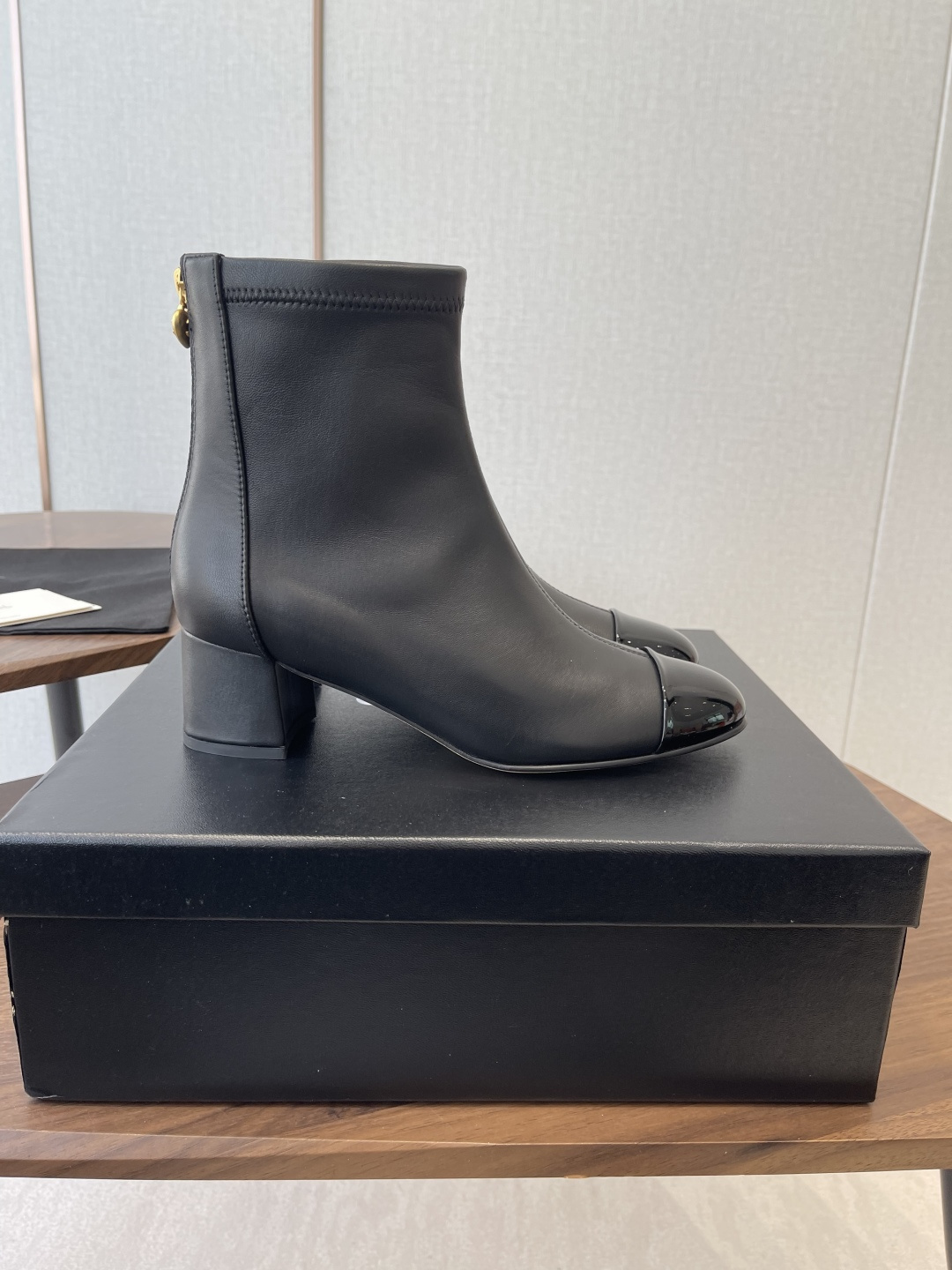 Chanel Black Lambskin Ankle Boots with Patent Toe & Block Heel