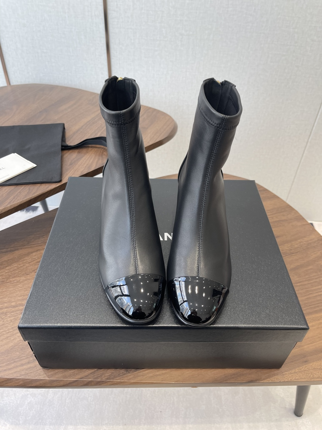 Chanel Black Lambskin Ankle Boots with Patent Toe & Block Heel