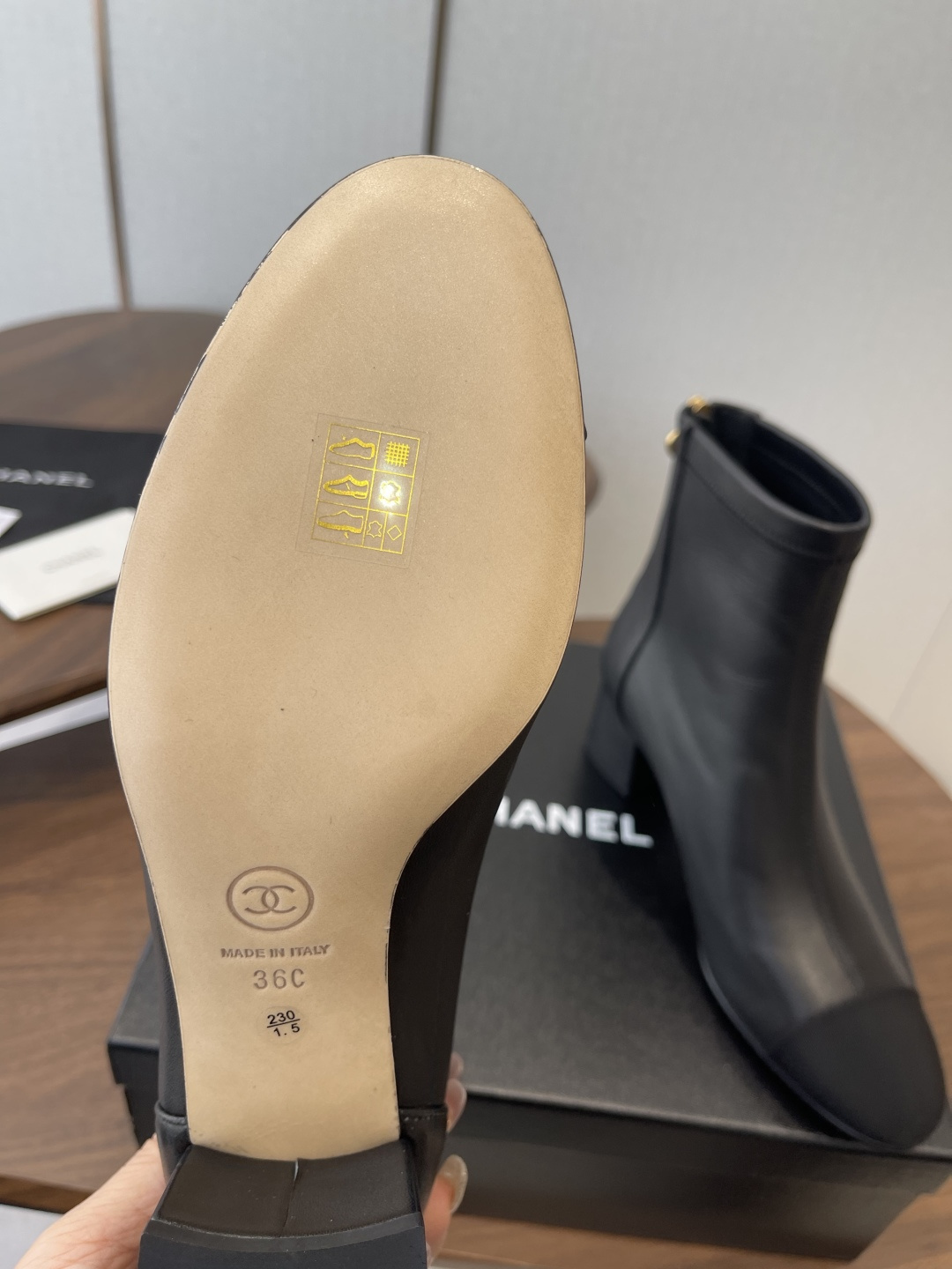 Chanel Black Leather Ankle Boots with Ribbed Toe Cap & Block Heel