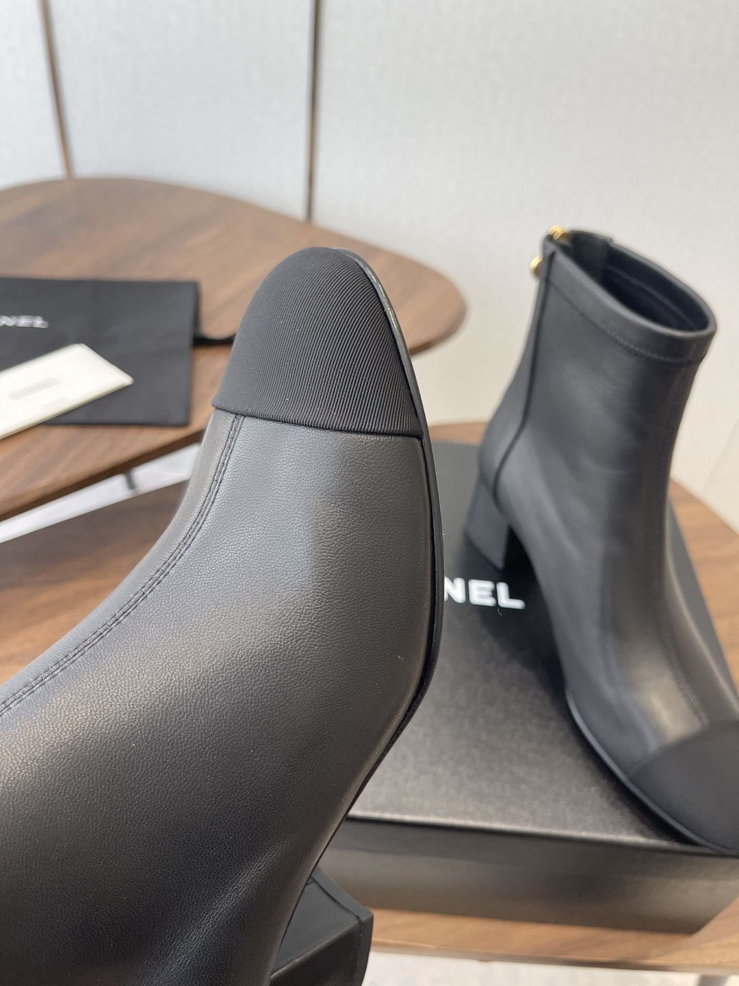 Chanel Black Leather Ankle Boots with Ribbed Toe Cap & Block Heel