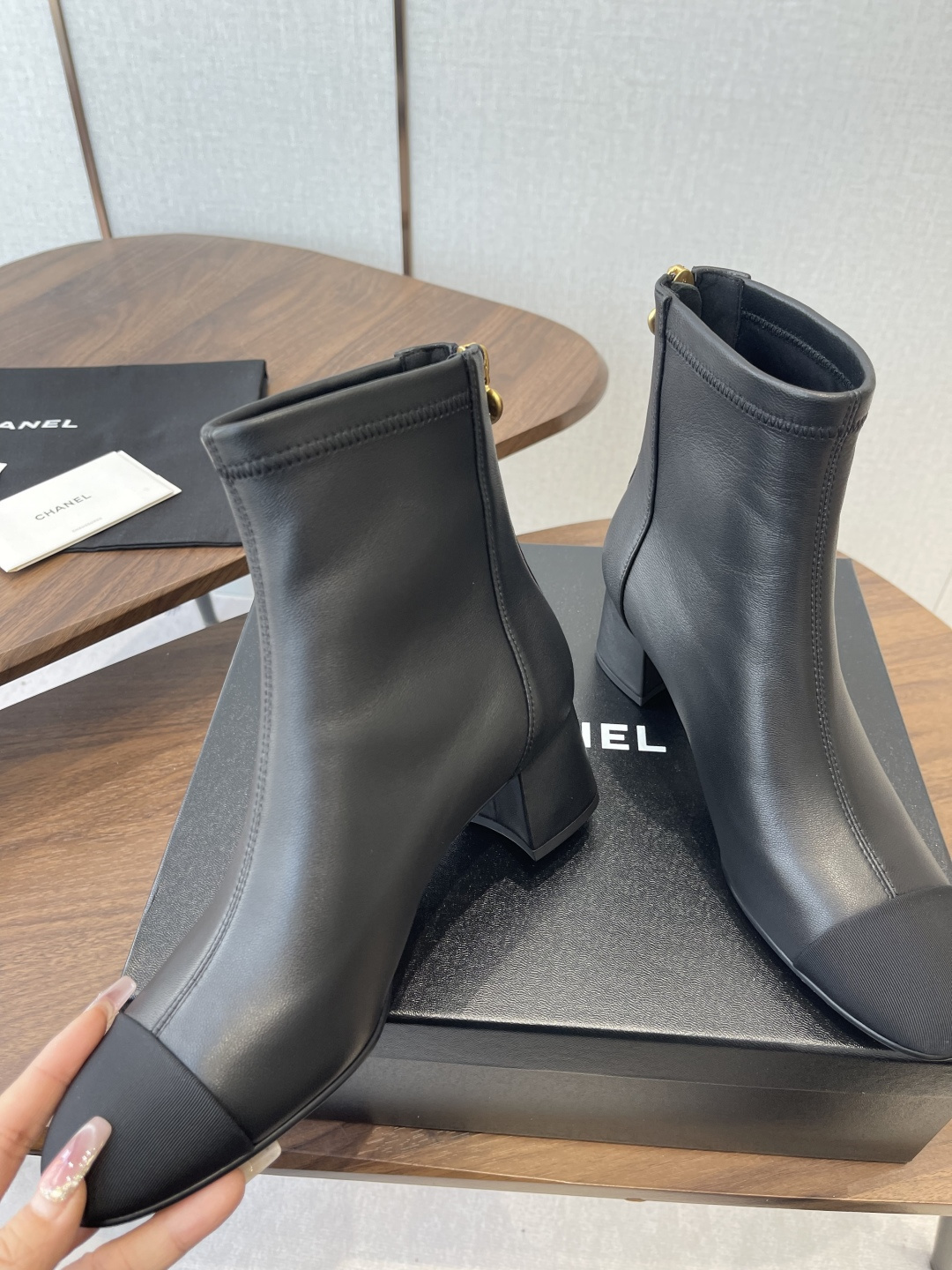 Chanel Black Leather Ankle Boots with Ribbed Toe Cap & Block Heel