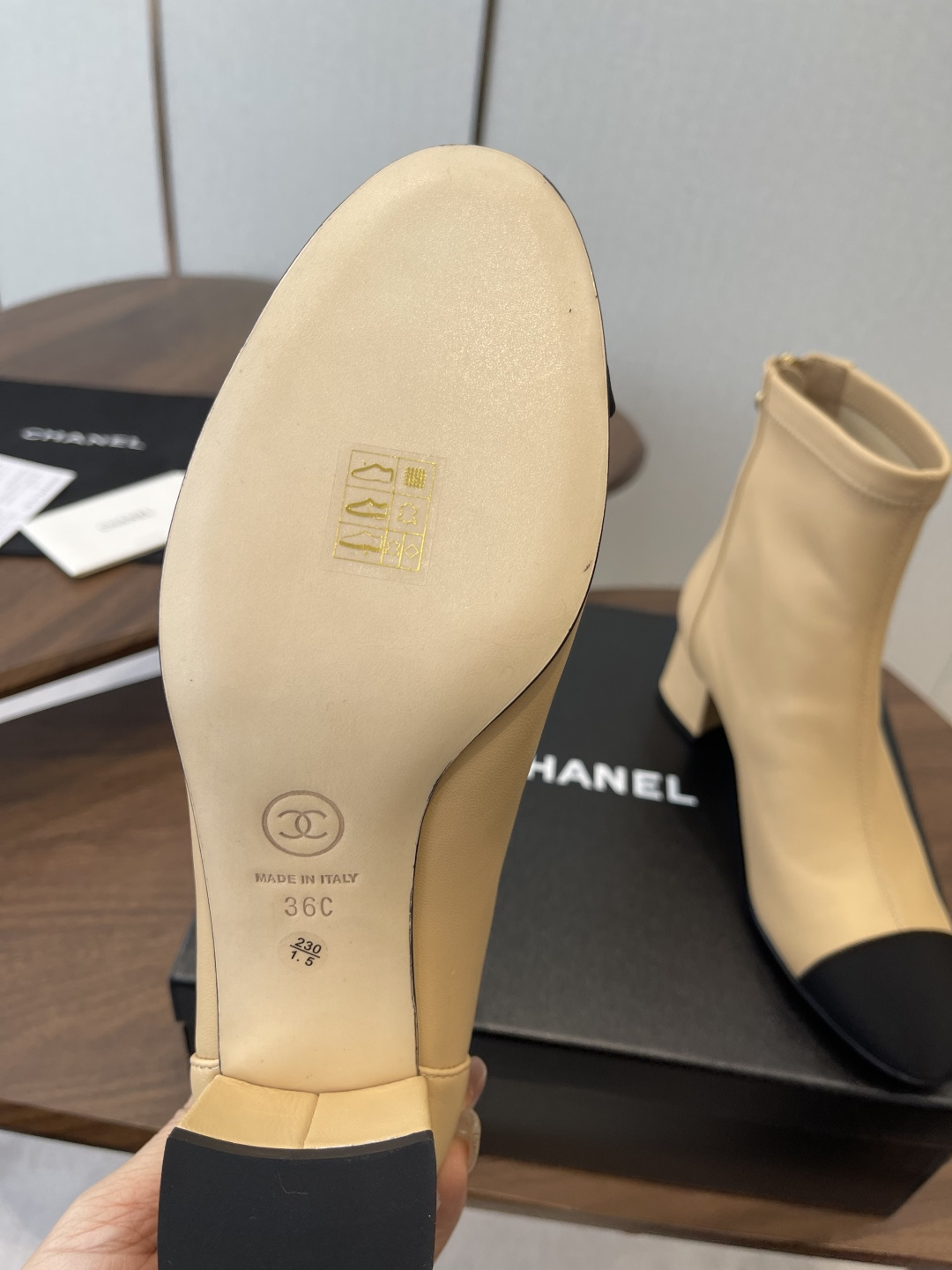 Luxury Two-Tone Leather Ankle Boots - Beige & Black Cap Toe