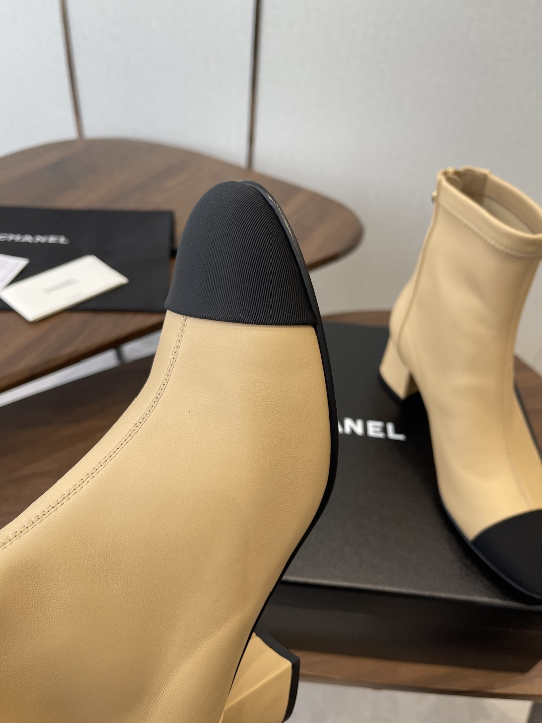 Luxury Two-Tone Leather Ankle Boots - Beige & Black Cap Toe