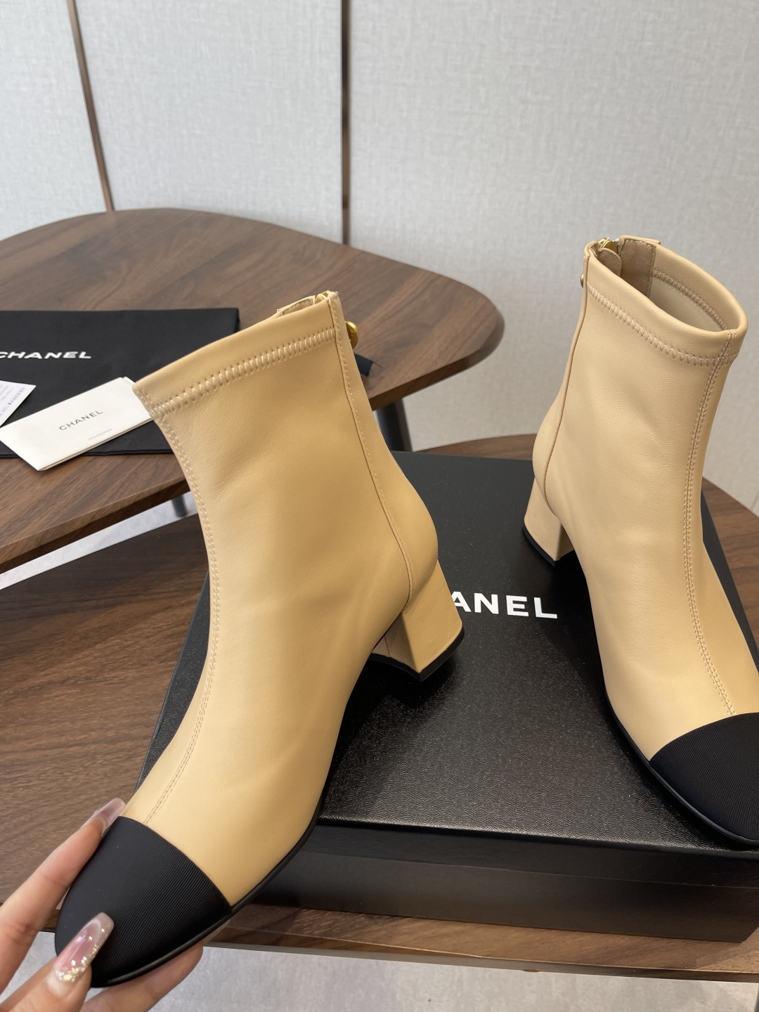 Luxury Two-Tone Leather Ankle Boots - Beige & Black Cap Toe