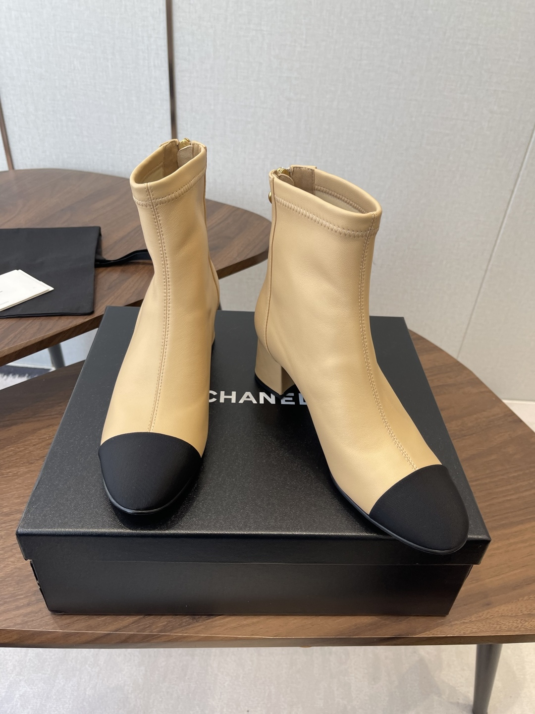Luxury Two-Tone Leather Ankle Boots - Beige & Black Cap Toe
