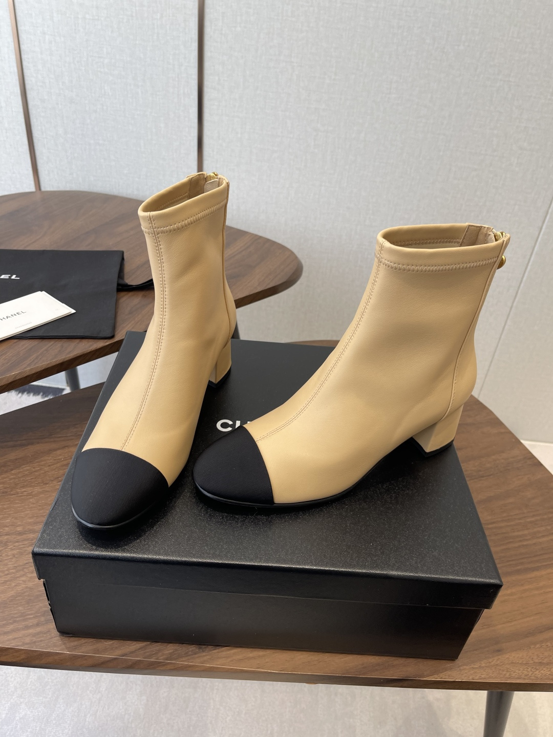 Luxury Two-Tone Leather Ankle Boots - Beige & Black Cap Toe