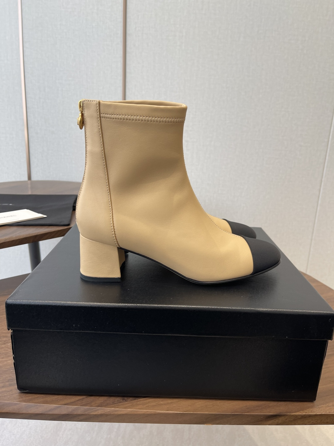 Luxury Two-Tone Leather Ankle Boots - Beige & Black Cap Toe