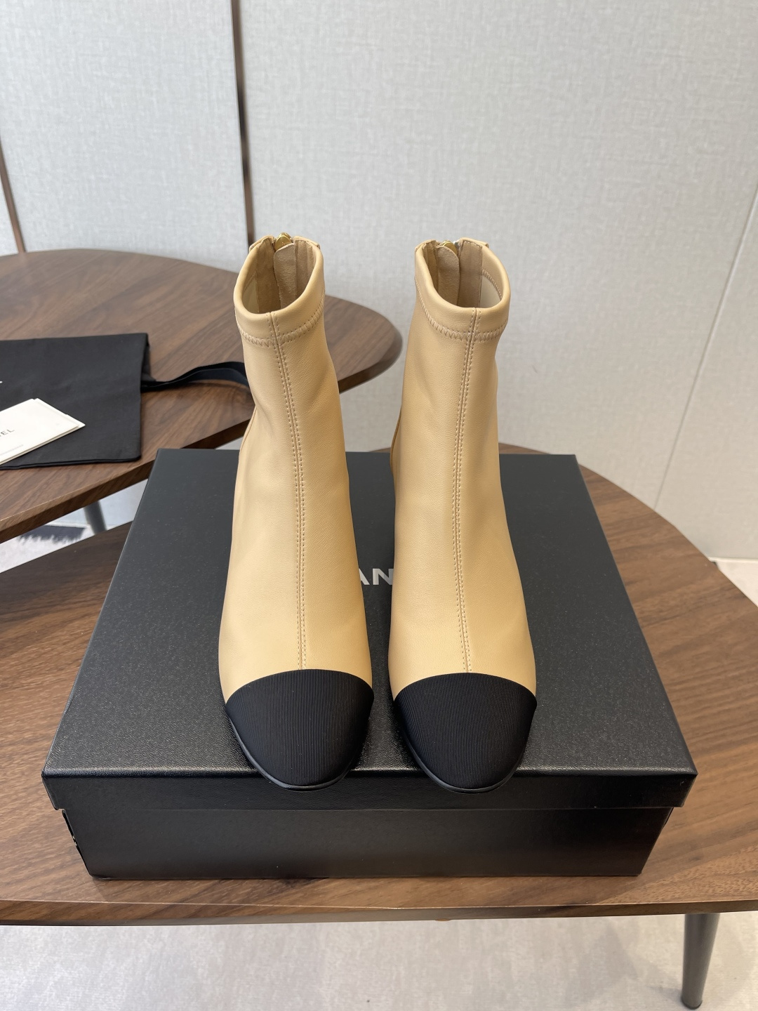 Luxury Two-Tone Leather Ankle Boots – Beige & Black Cap Toe