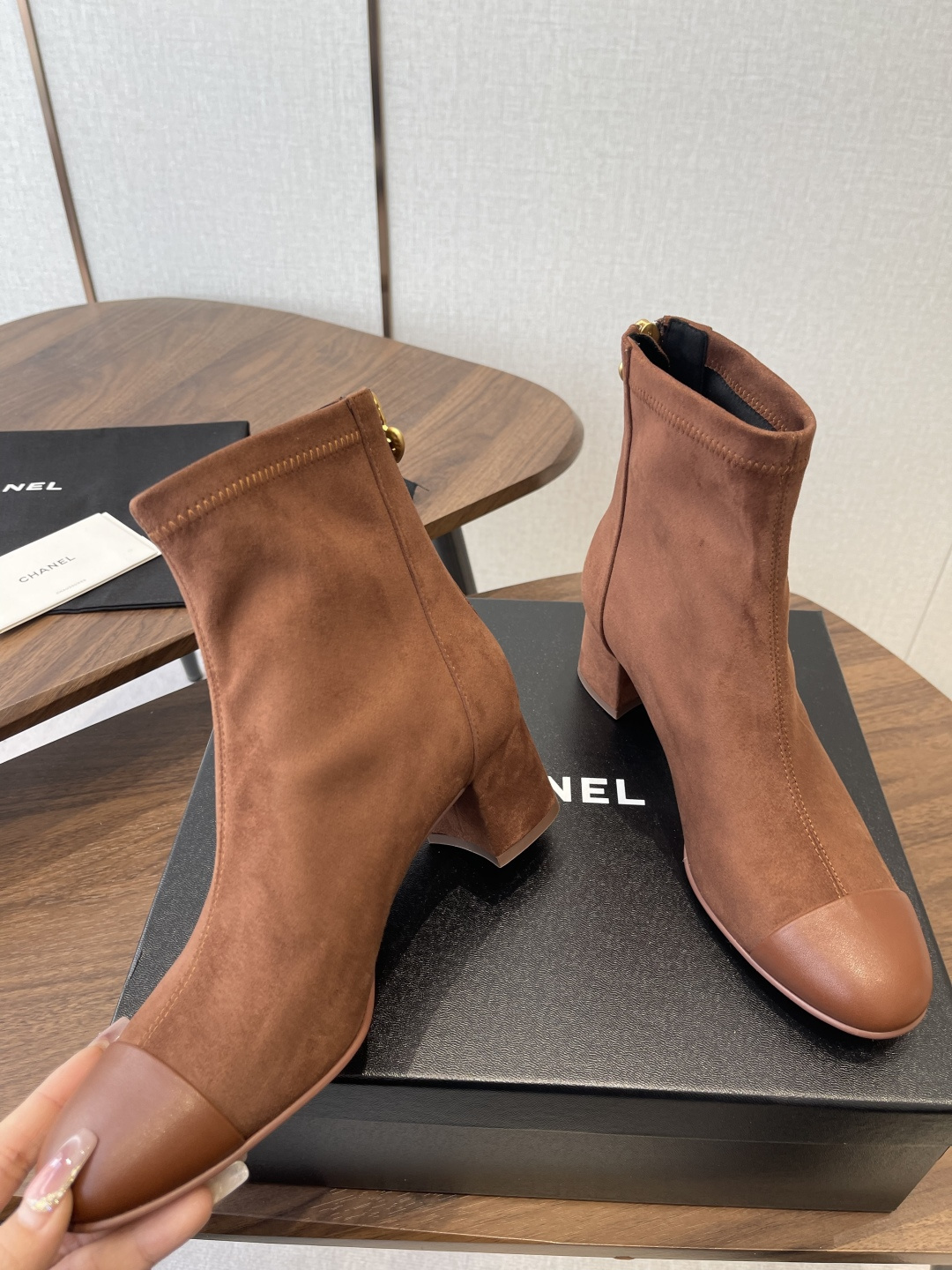 Chanel Suede & Leather Ankle Boots - Chic Brown Block Heel Booties