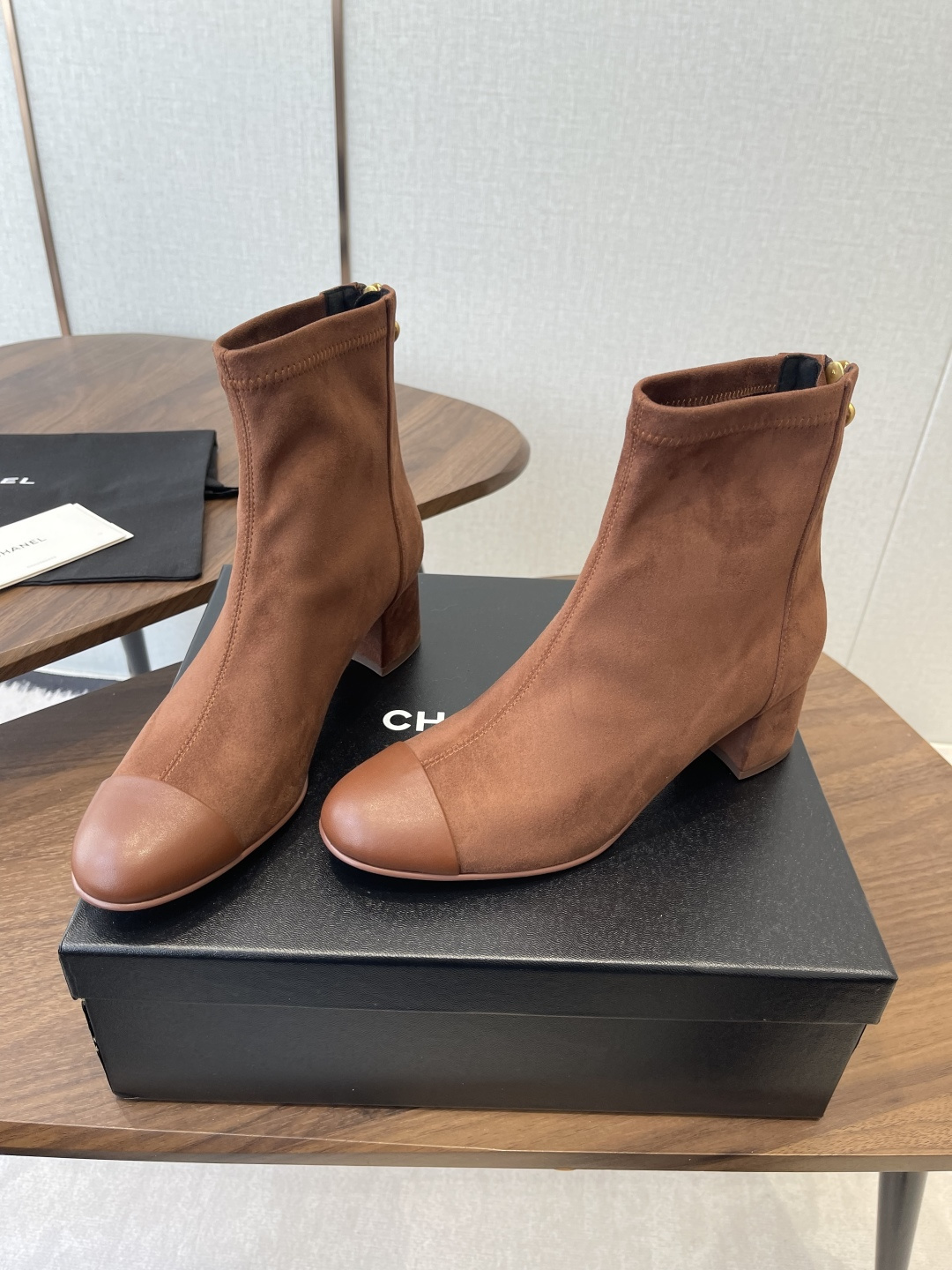Chanel Suede & Leather Ankle Boots - Chic Brown Block Heel Booties