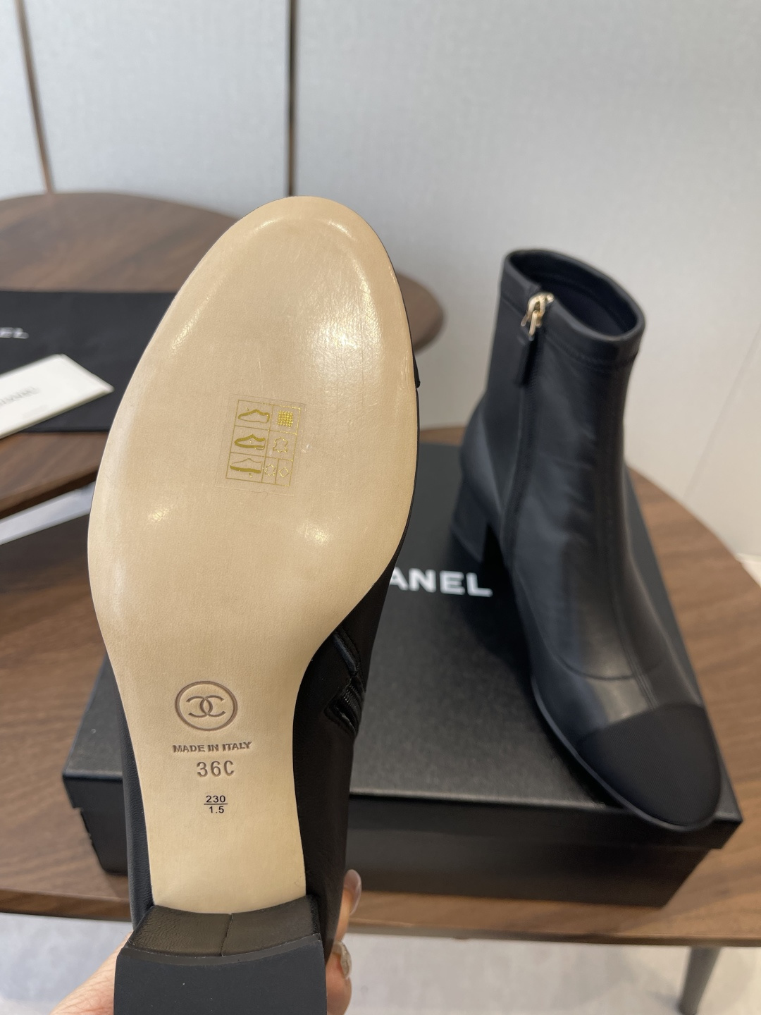 Chanel Luxury Black Leather Ankle Boots with Cap Toe CC Heel