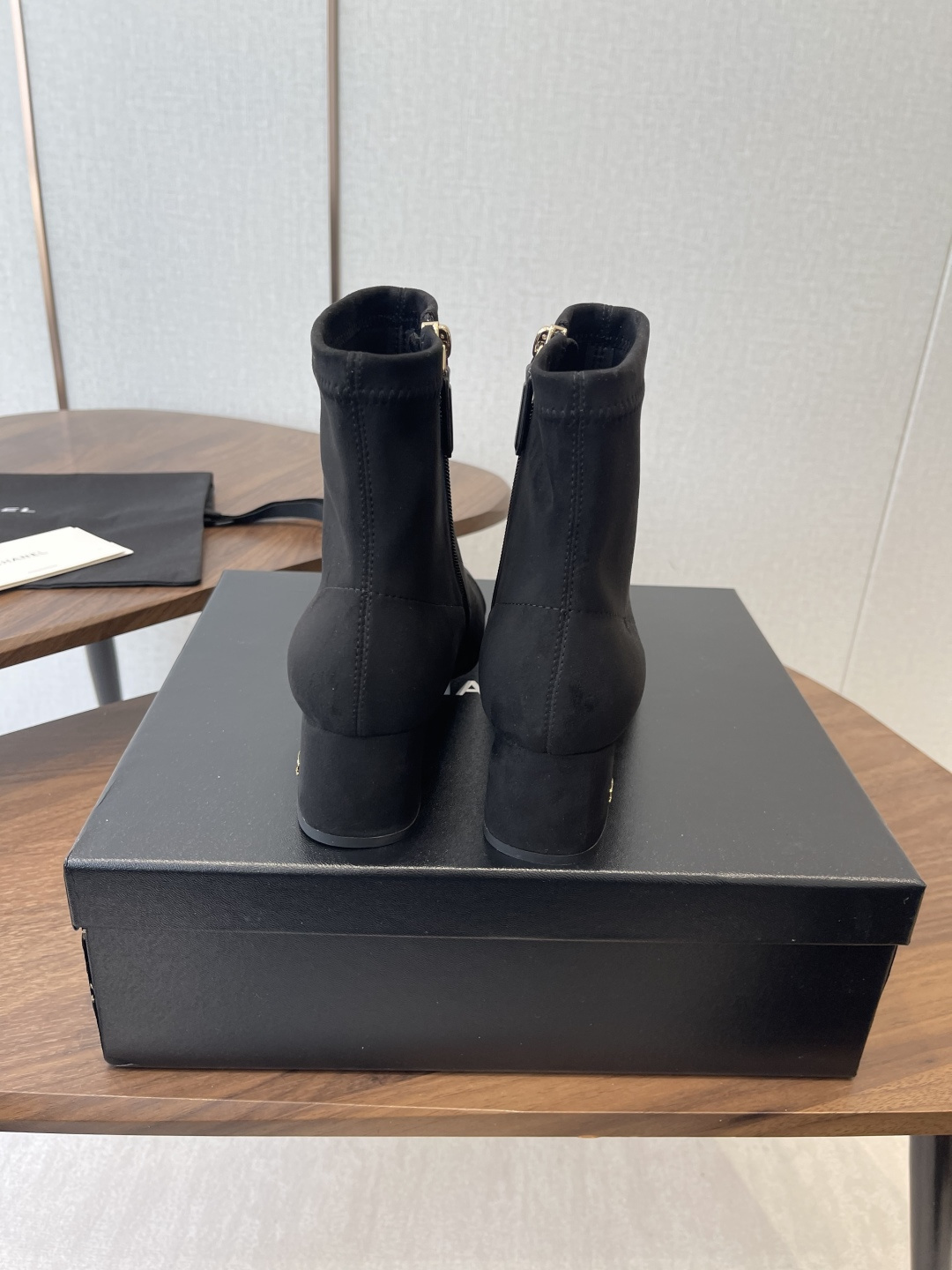 Luxury Black Suede Ankle Boots with Elegant Block Heel & Gold Logo