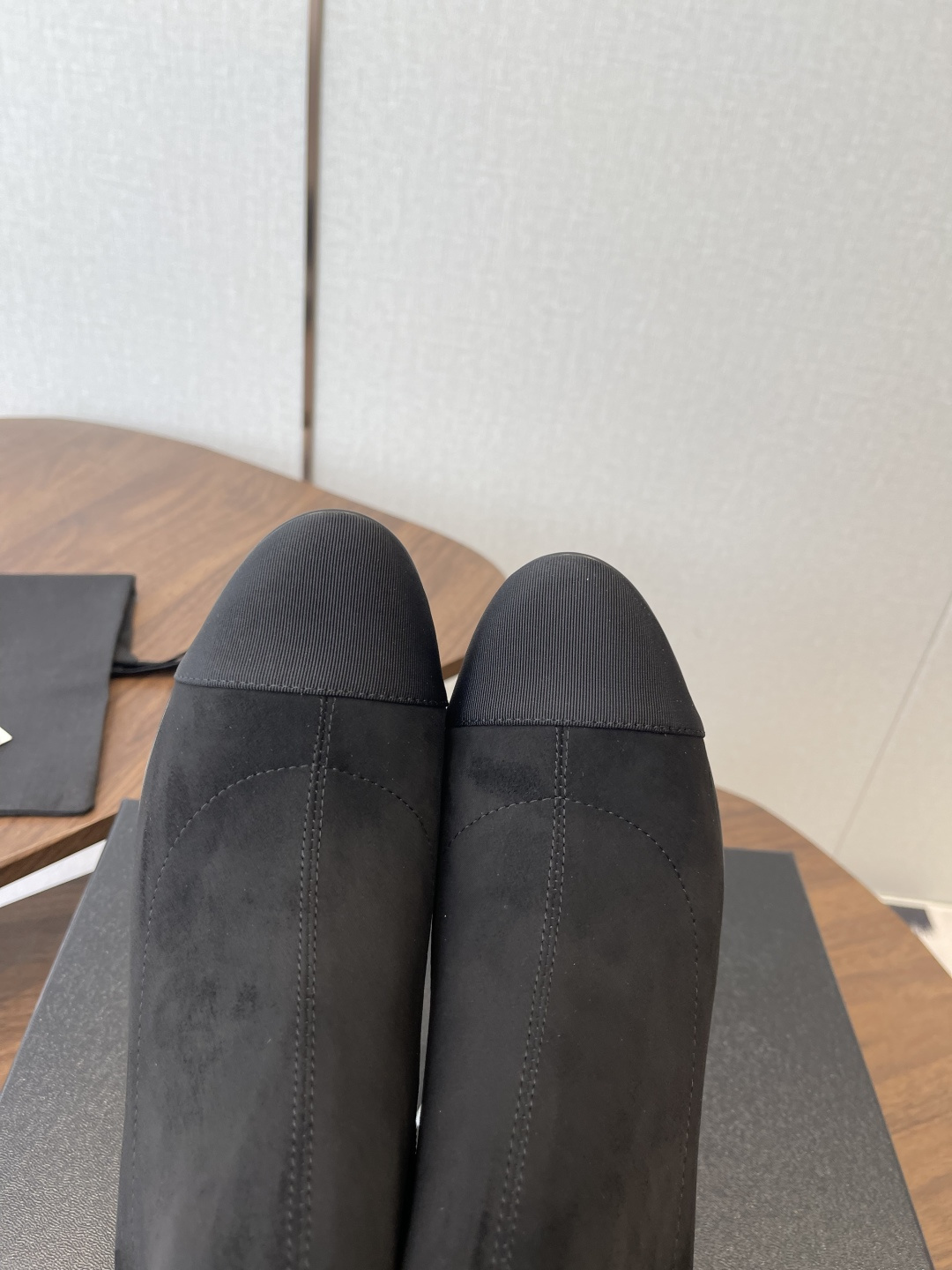 Luxury Black Suede Ankle Boots with Elegant Block Heel & Gold Logo