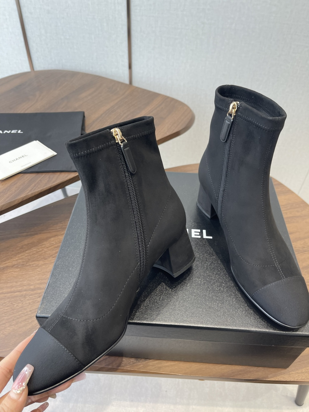 Luxury Black Suede Ankle Boots with Elegant Block Heel & Gold Logo