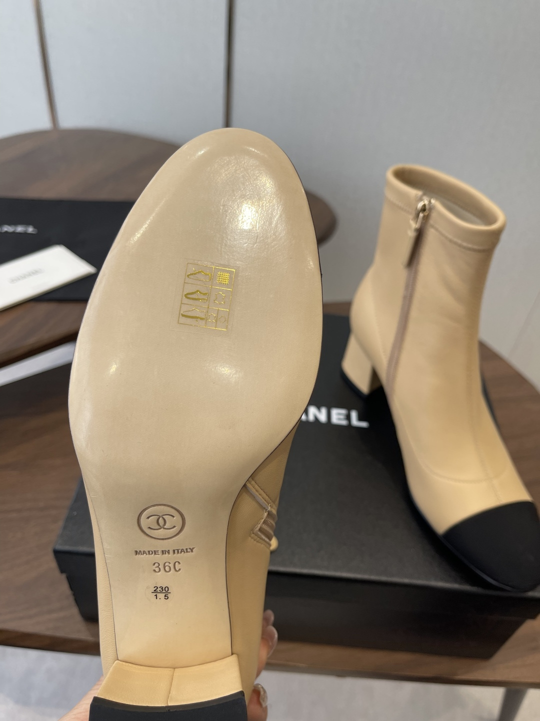 Elegant Two-Tone Beige & Black Leather Block Heel Ankle Boots