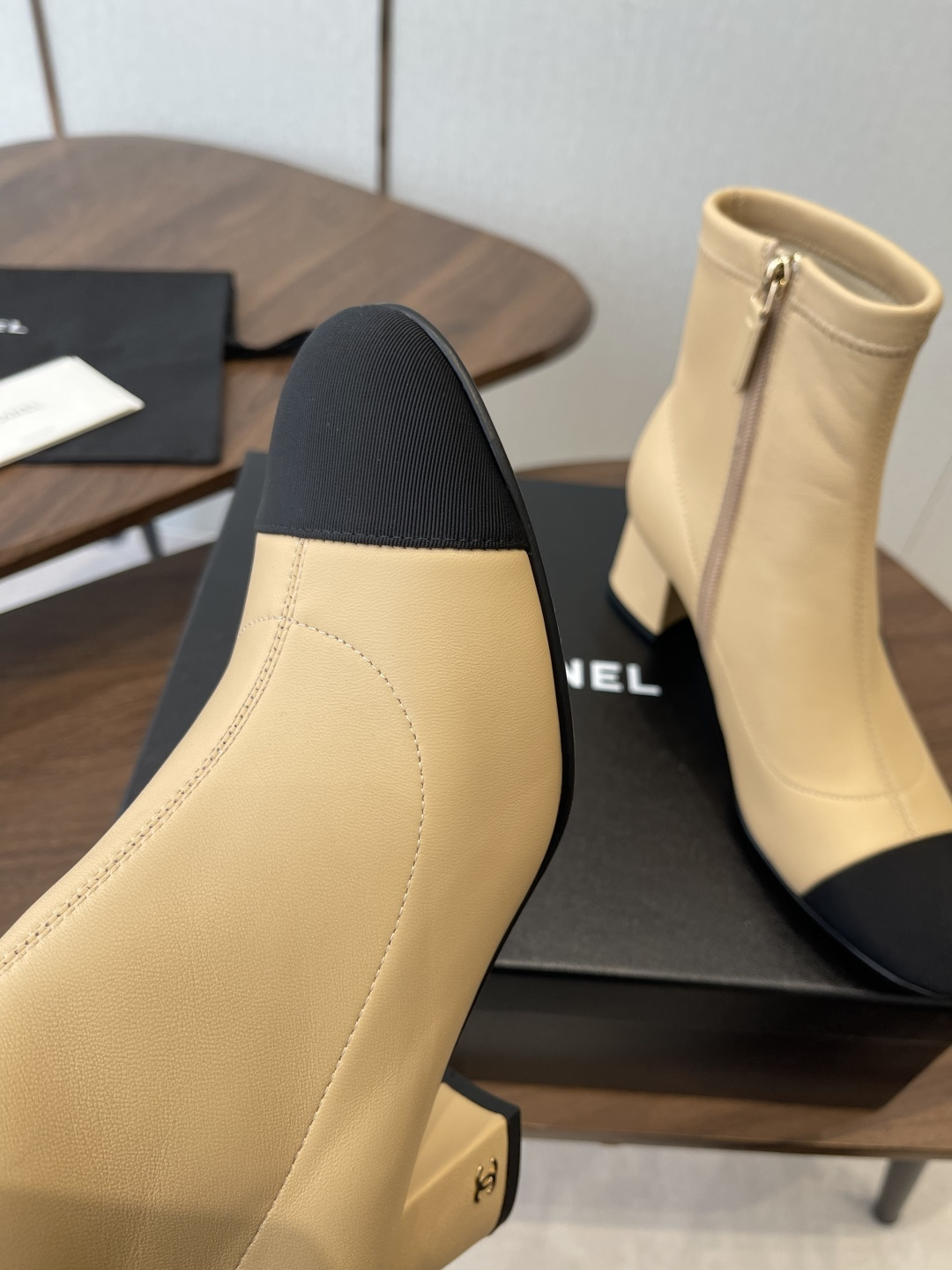 Elegant Two-Tone Beige & Black Leather Block Heel Ankle Boots