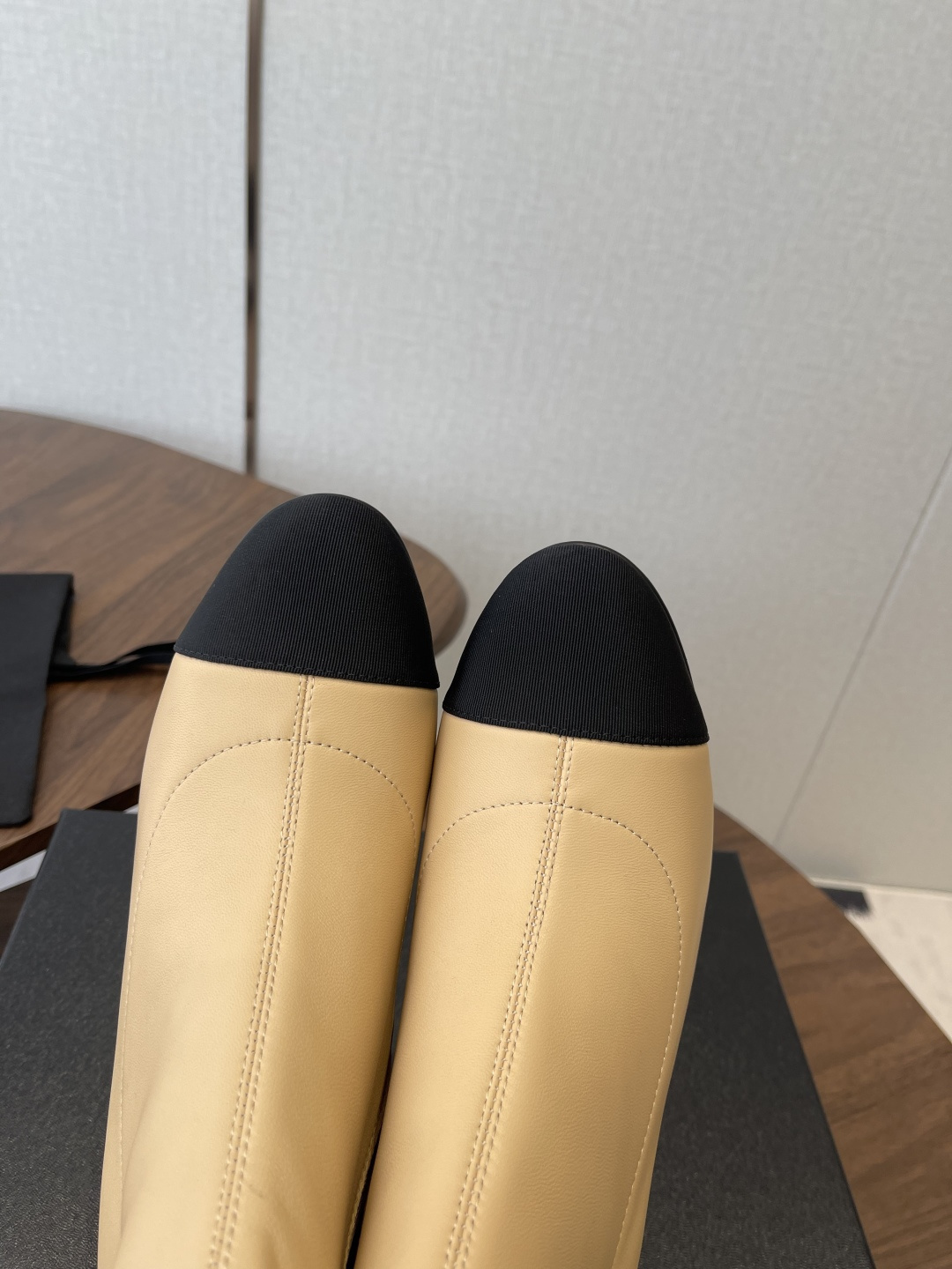 Elegant Two-Tone Beige & Black Leather Block Heel Ankle Boots