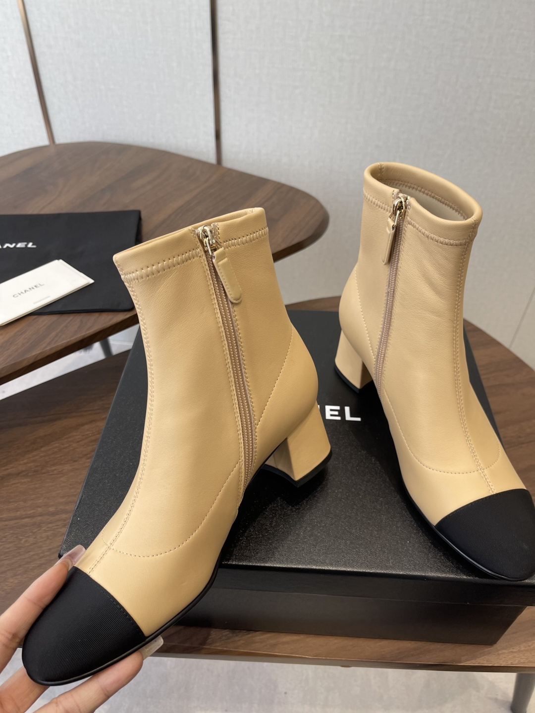Elegant Two-Tone Beige & Black Leather Block Heel Ankle Boots