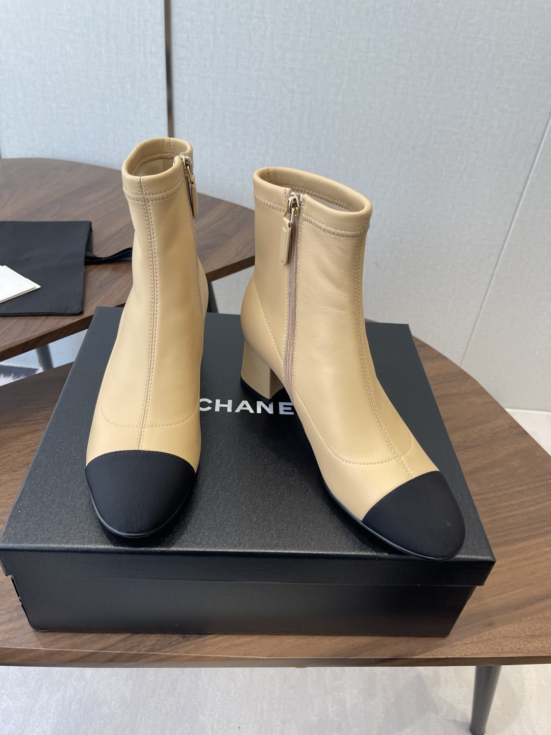 Elegant Two-Tone Beige & Black Leather Block Heel Ankle Boots
