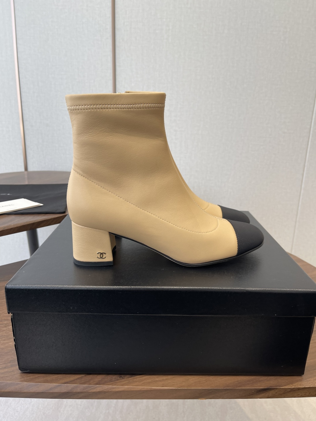 Elegant Two-Tone Beige & Black Leather Block Heel Ankle Boots