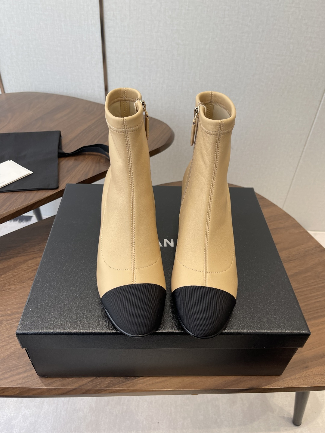 Elegant Two-Tone Beige & Black Leather Block Heel Ankle Boots