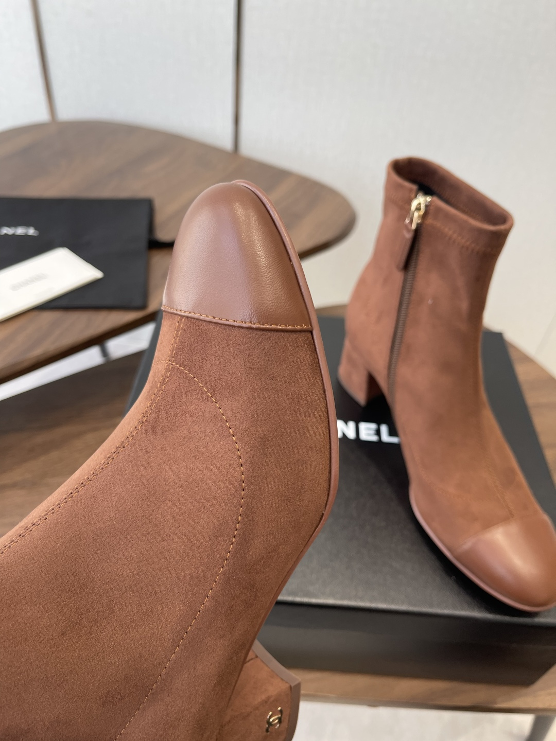 Chanel Brown Suede Ankle Boots - Elegant Leather Cap Toe Design