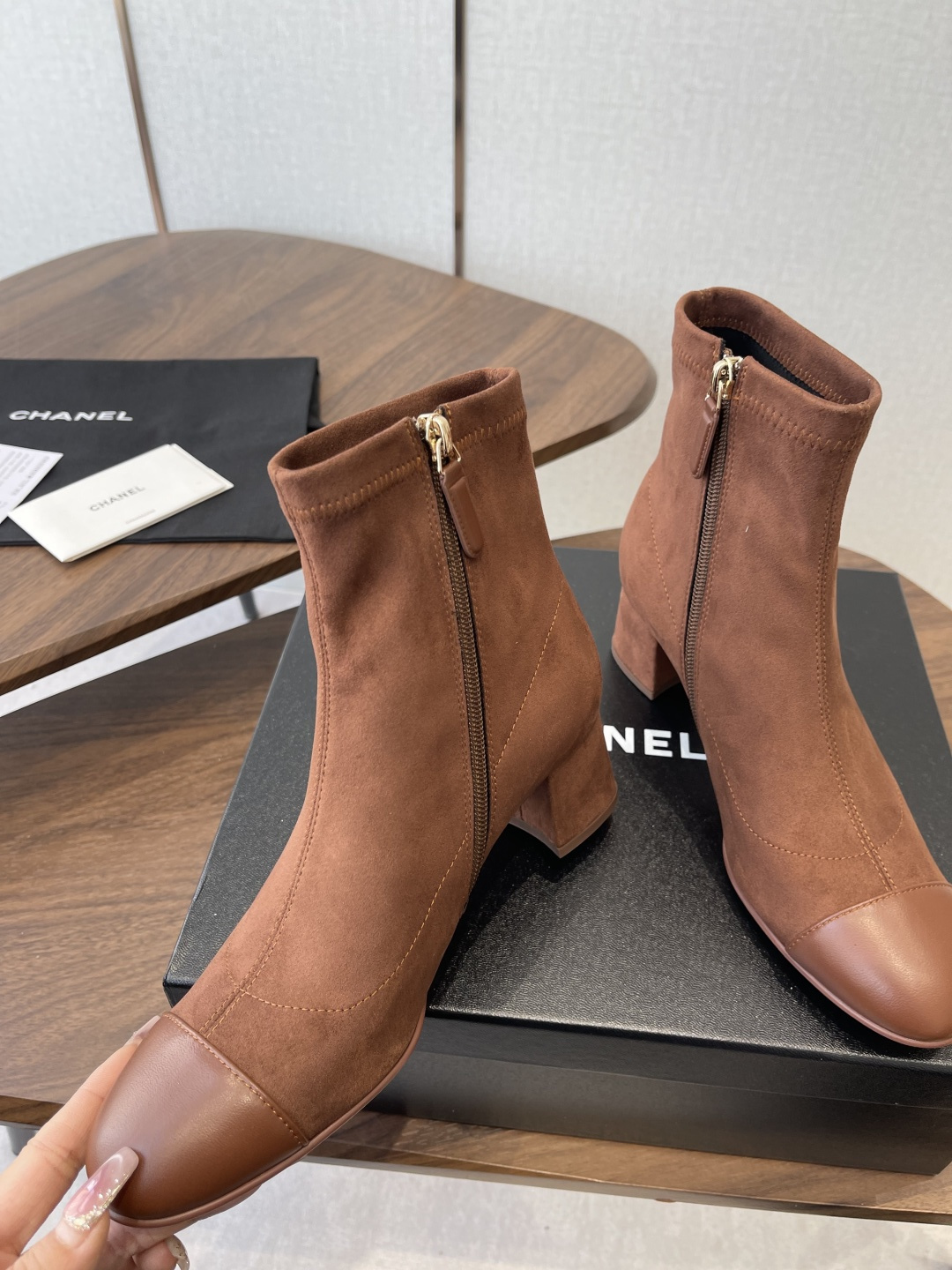 Chanel Brown Suede Ankle Boots - Elegant Leather Cap Toe Design