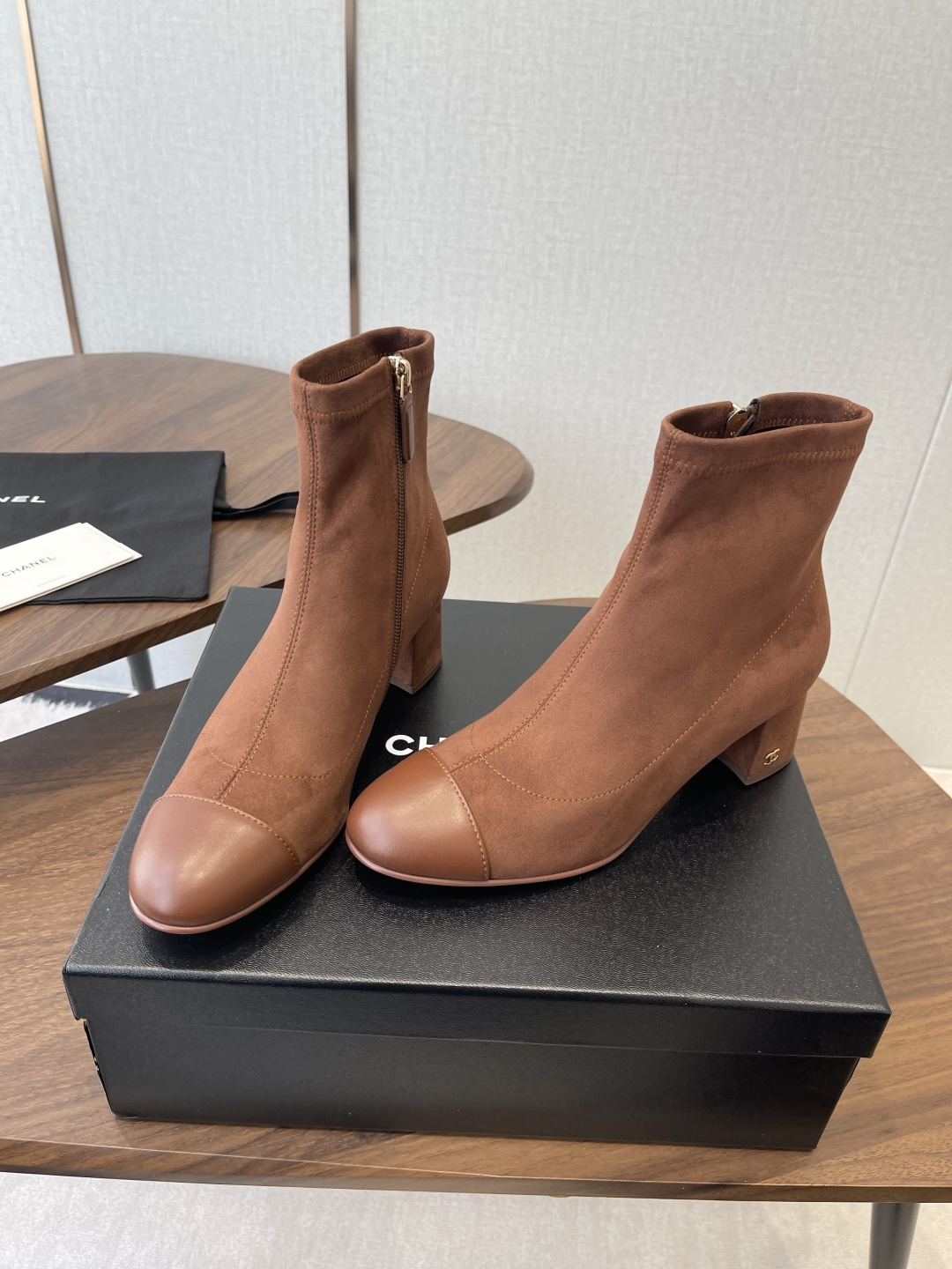 Chanel Brown Suede Ankle Boots - Elegant Leather Cap Toe Design