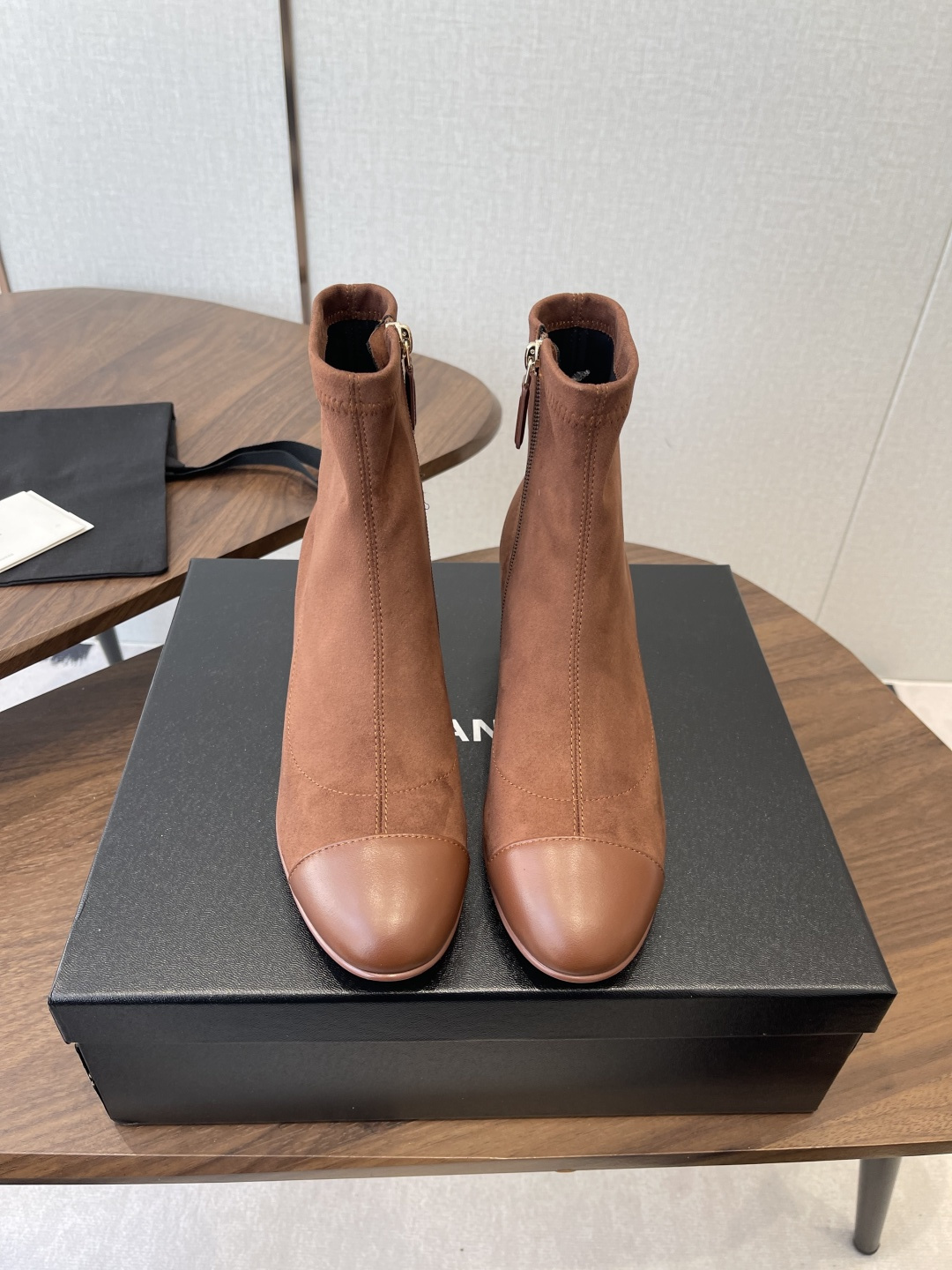 Chanel Brown Suede Ankle Boots – Elegant Leather Cap Toe Design