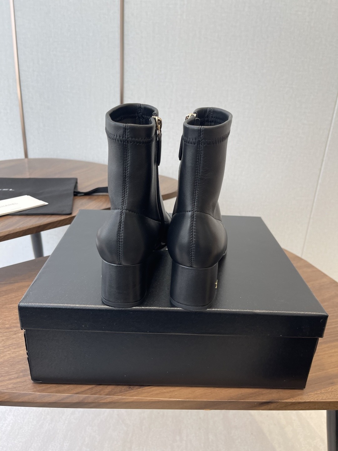 Chanel Black Leather Ankle Boots with Patent Cap Toe & Block Heel