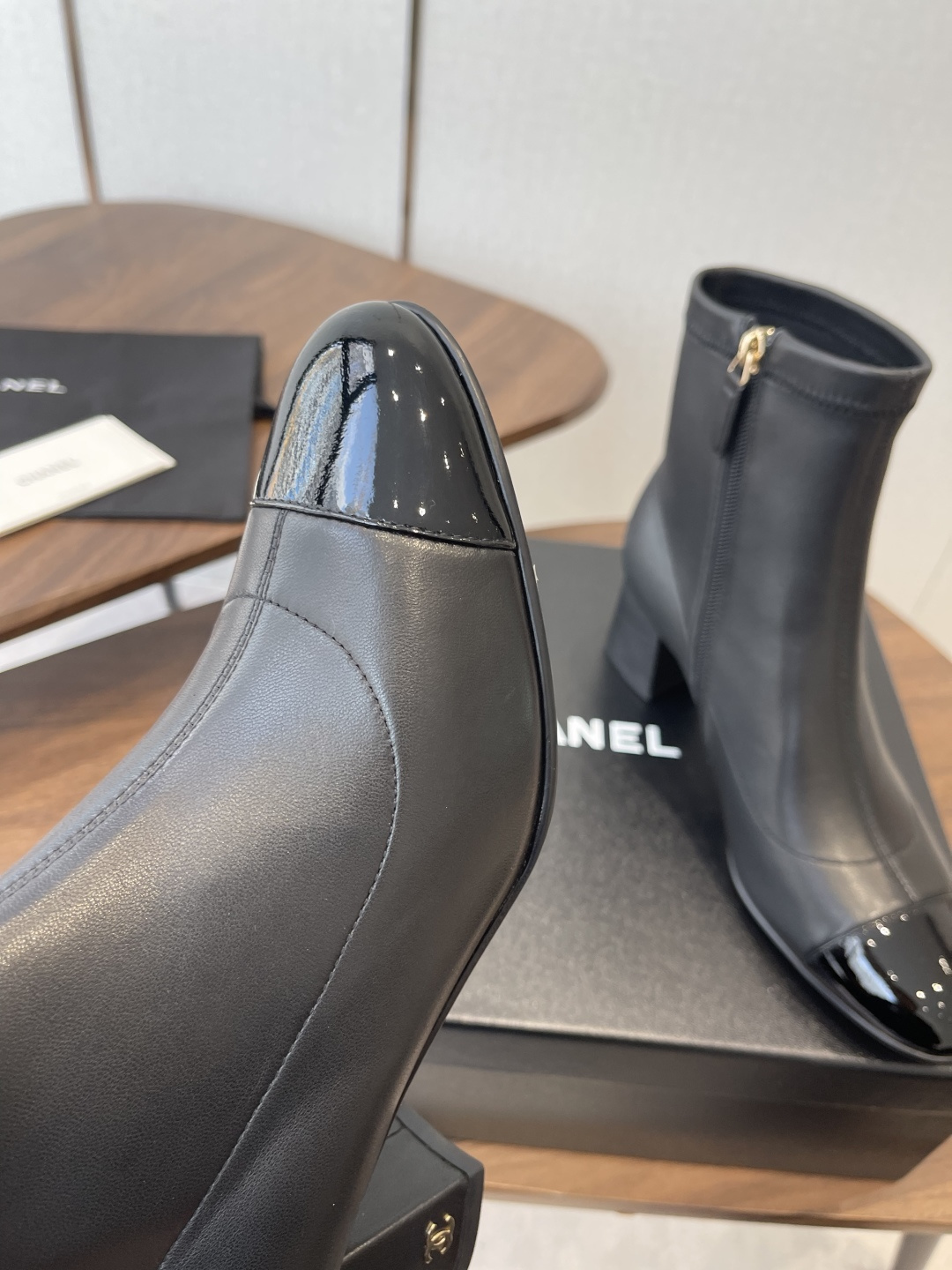 Chanel Black Leather Ankle Boots with Patent Cap Toe & Block Heel