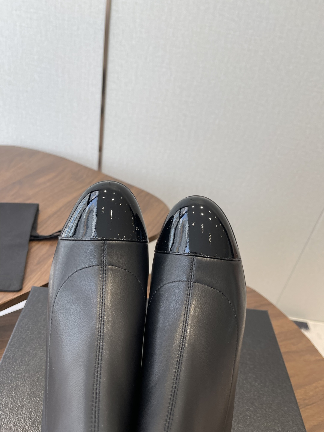 Chanel Black Leather Ankle Boots with Patent Cap Toe & Block Heel