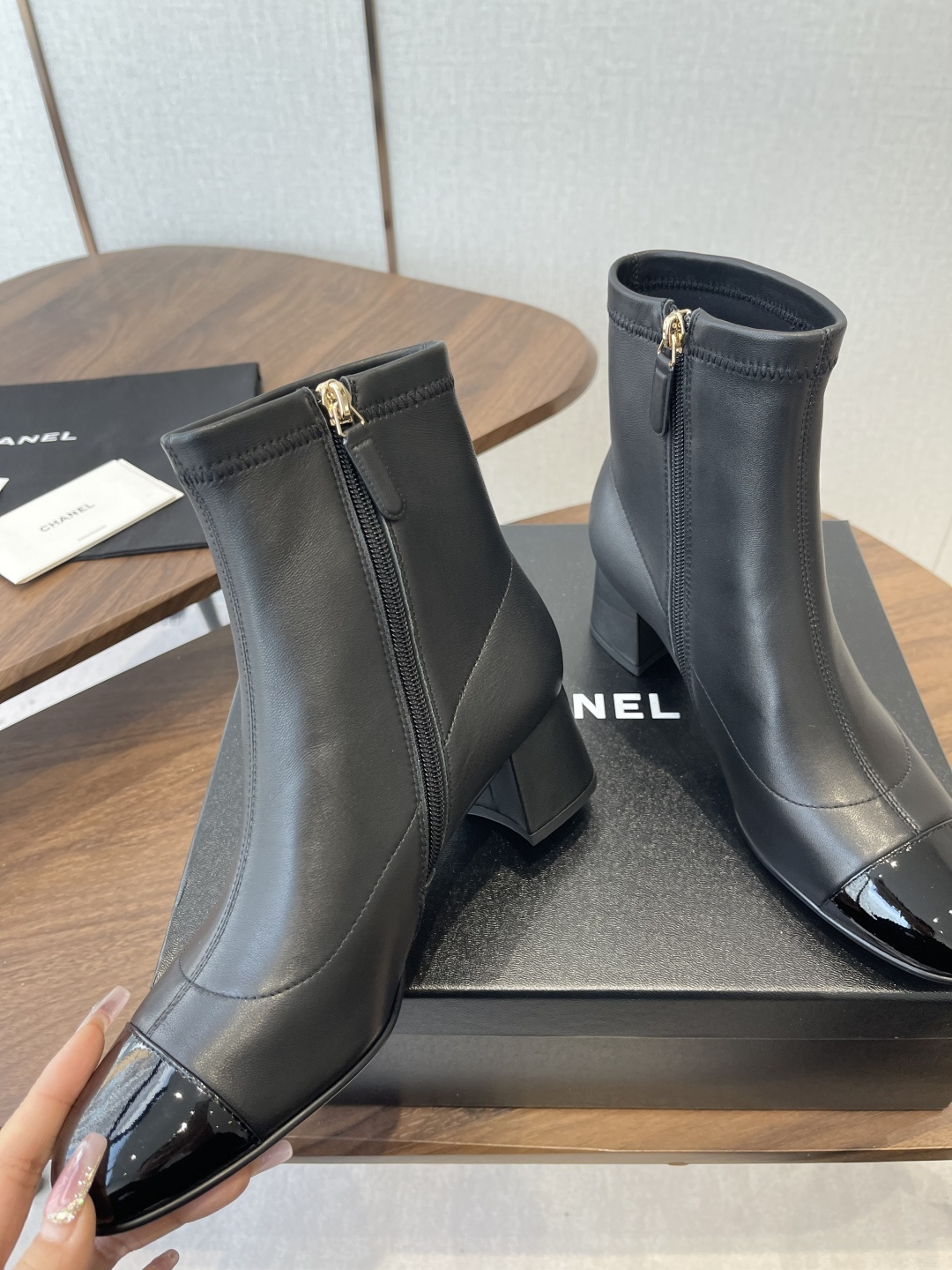 Chanel Black Leather Ankle Boots with Patent Cap Toe & Block Heel
