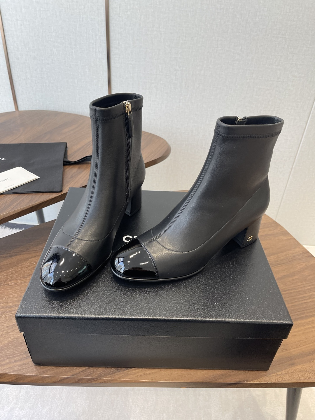 Chanel Black Leather Ankle Boots with Patent Cap Toe & Block Heel
