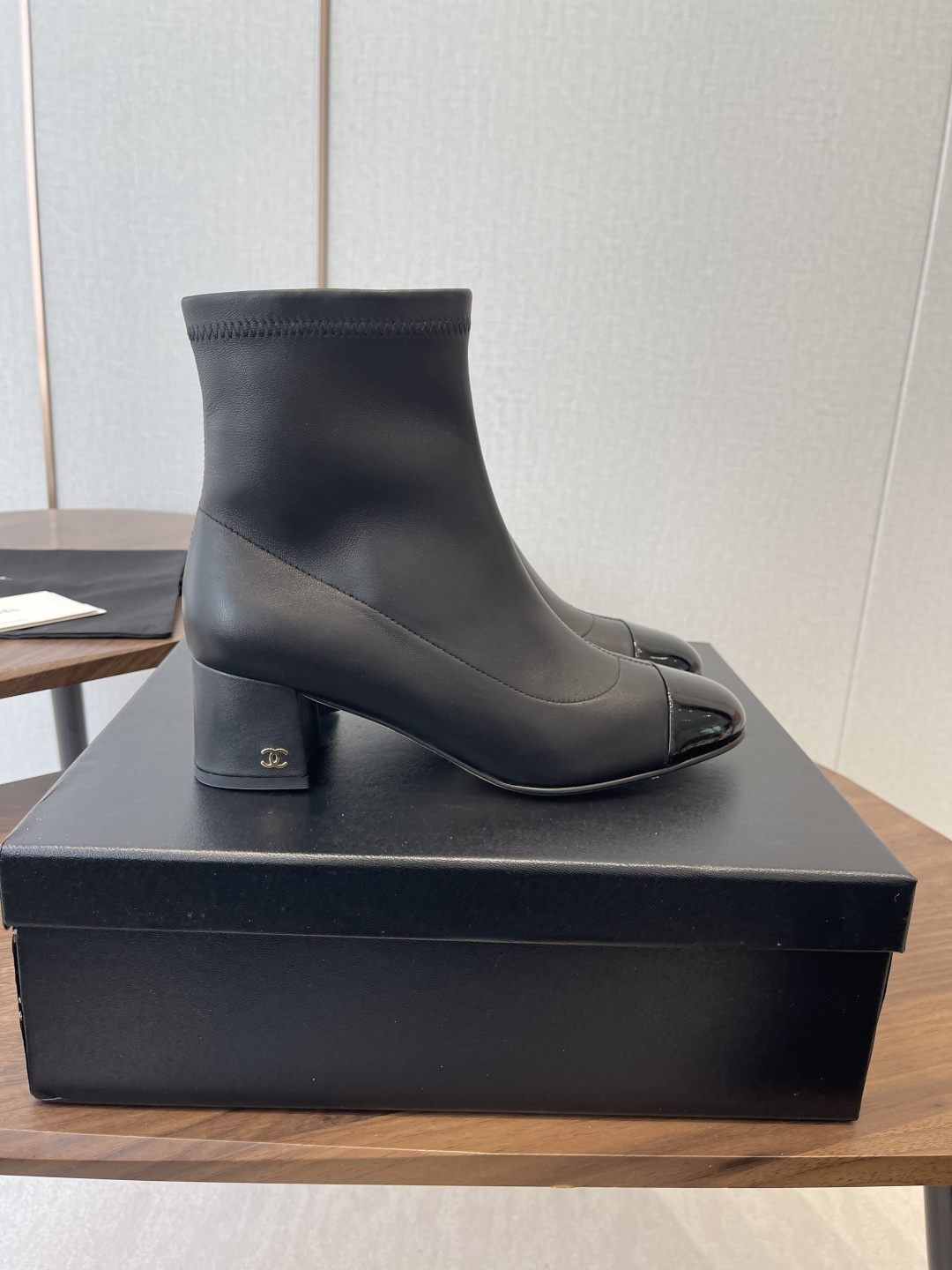 Chanel Black Leather Ankle Boots with Patent Cap Toe & Block Heel