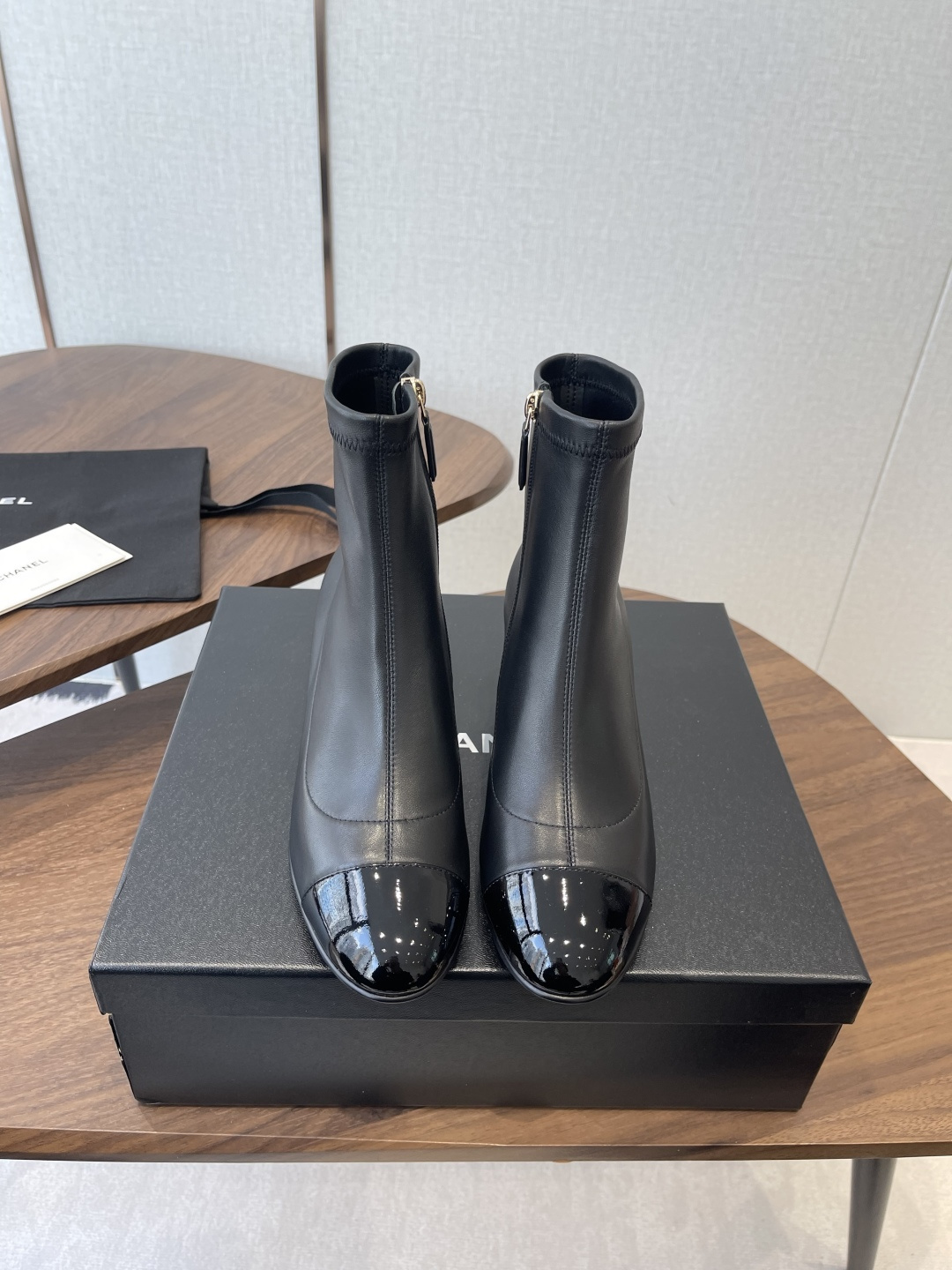 Chanel Black Leather Ankle Boots with Patent Cap Toe & Block Heel