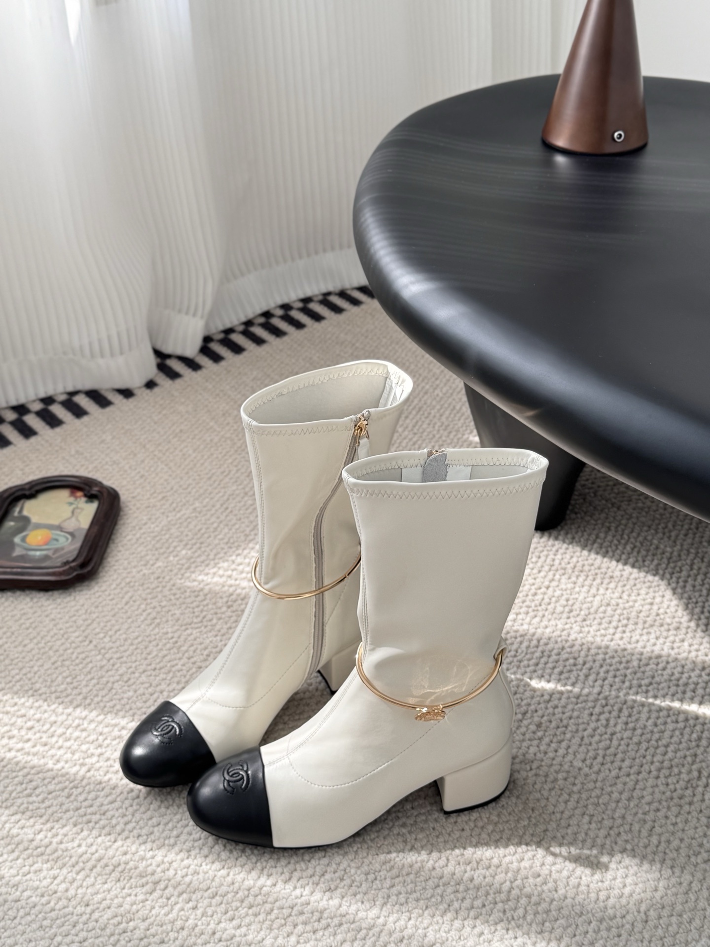 Elegant Cream Mid-Calf Block Heel Boots with Gold Ankle Ring