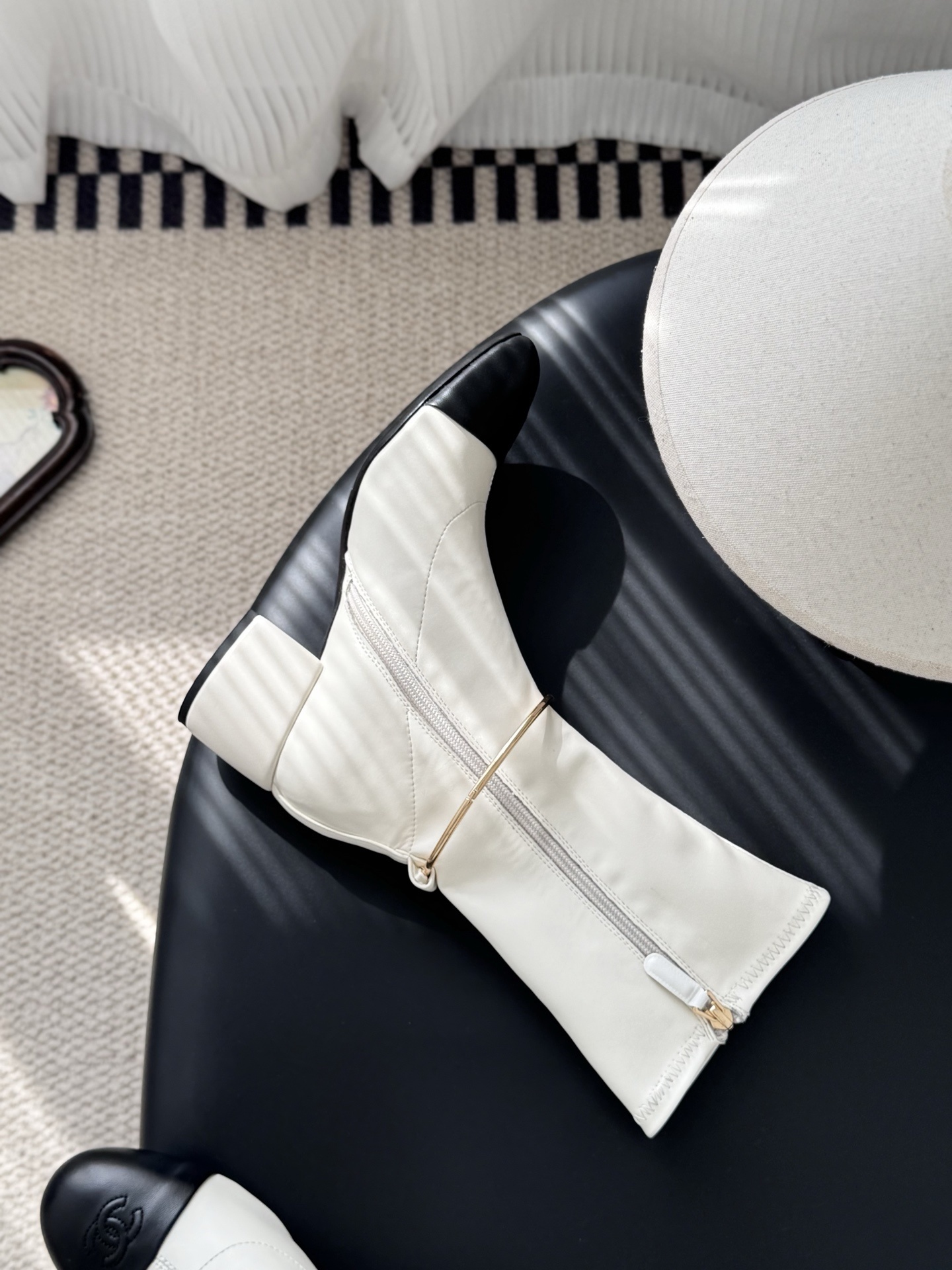 Elegant Cream Mid-Calf Block Heel Boots with Gold Ankle Ring