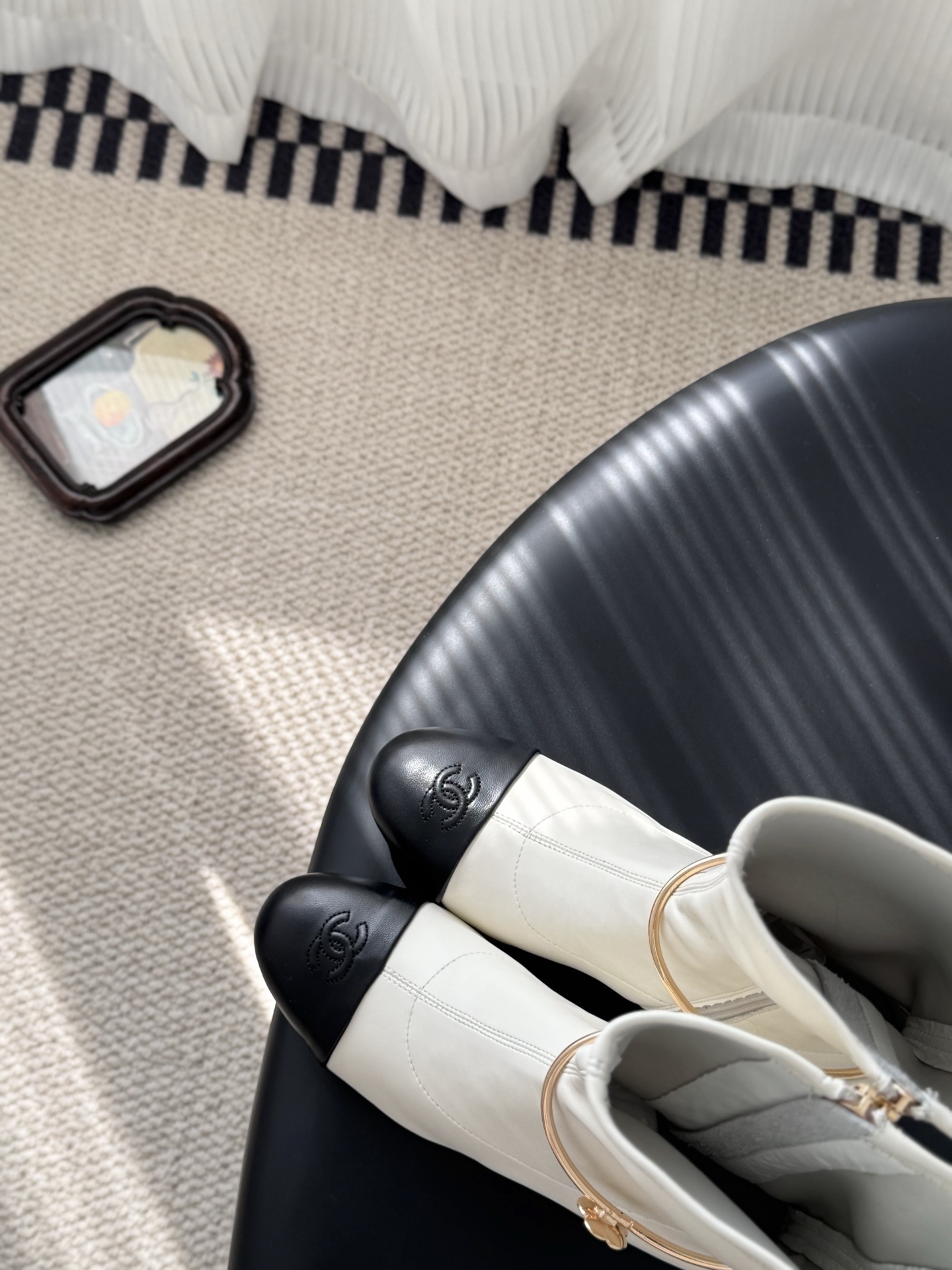 Elegant Cream Mid-Calf Block Heel Boots with Gold Ankle Ring