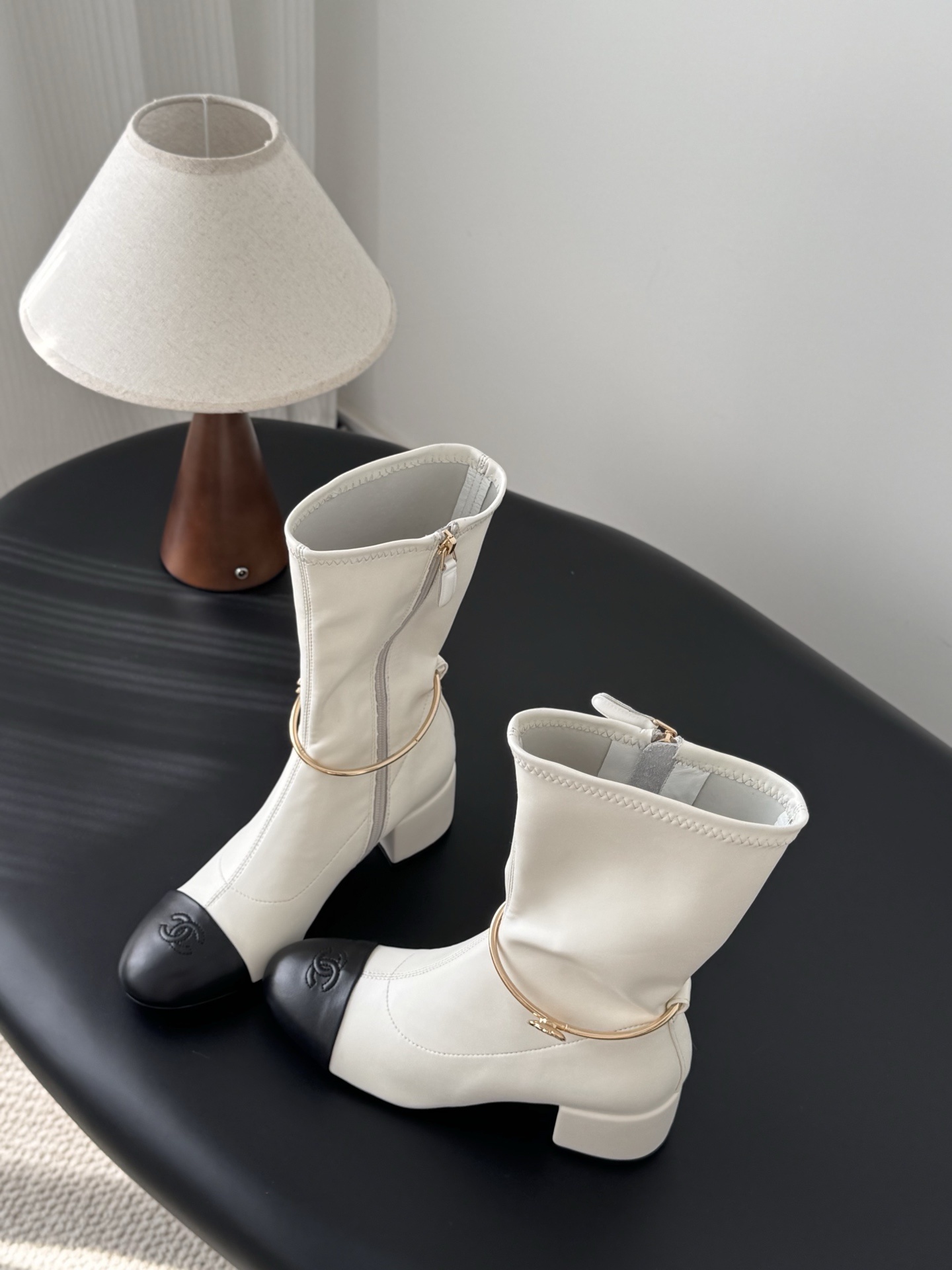 Elegant Cream Mid-Calf Block Heel Boots with Gold Ankle Ring