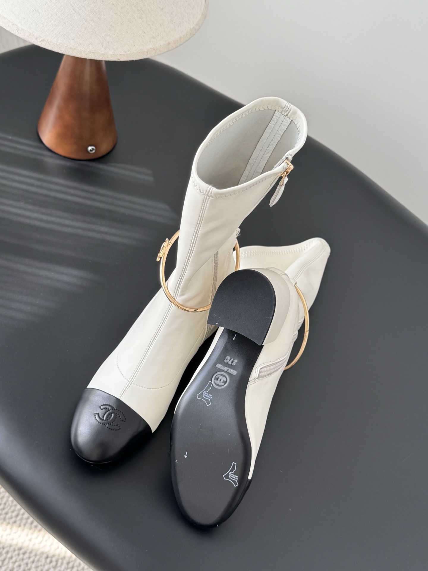 Elegant Cream Mid-Calf Block Heel Boots with Gold Ankle Ring