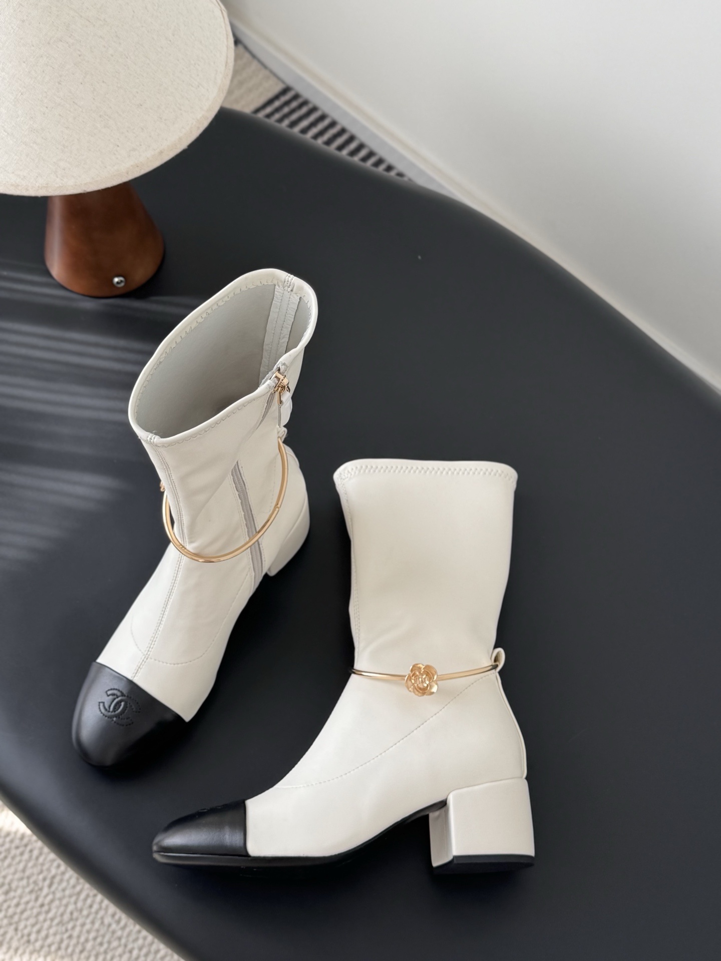 Elegant Cream Mid-Calf Block Heel Boots with Gold Ankle Ring