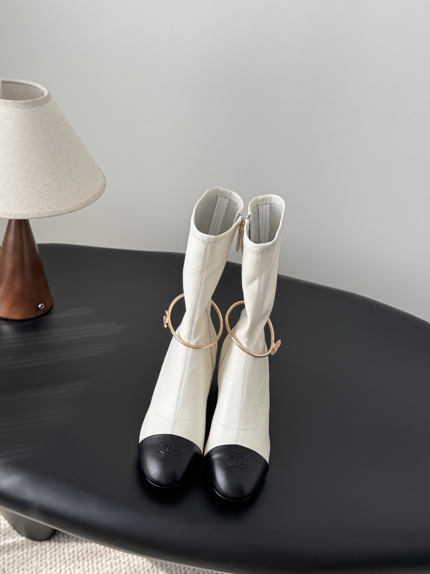Elegant Cream Mid-Calf Block Heel Boots with Gold Ankle Ring