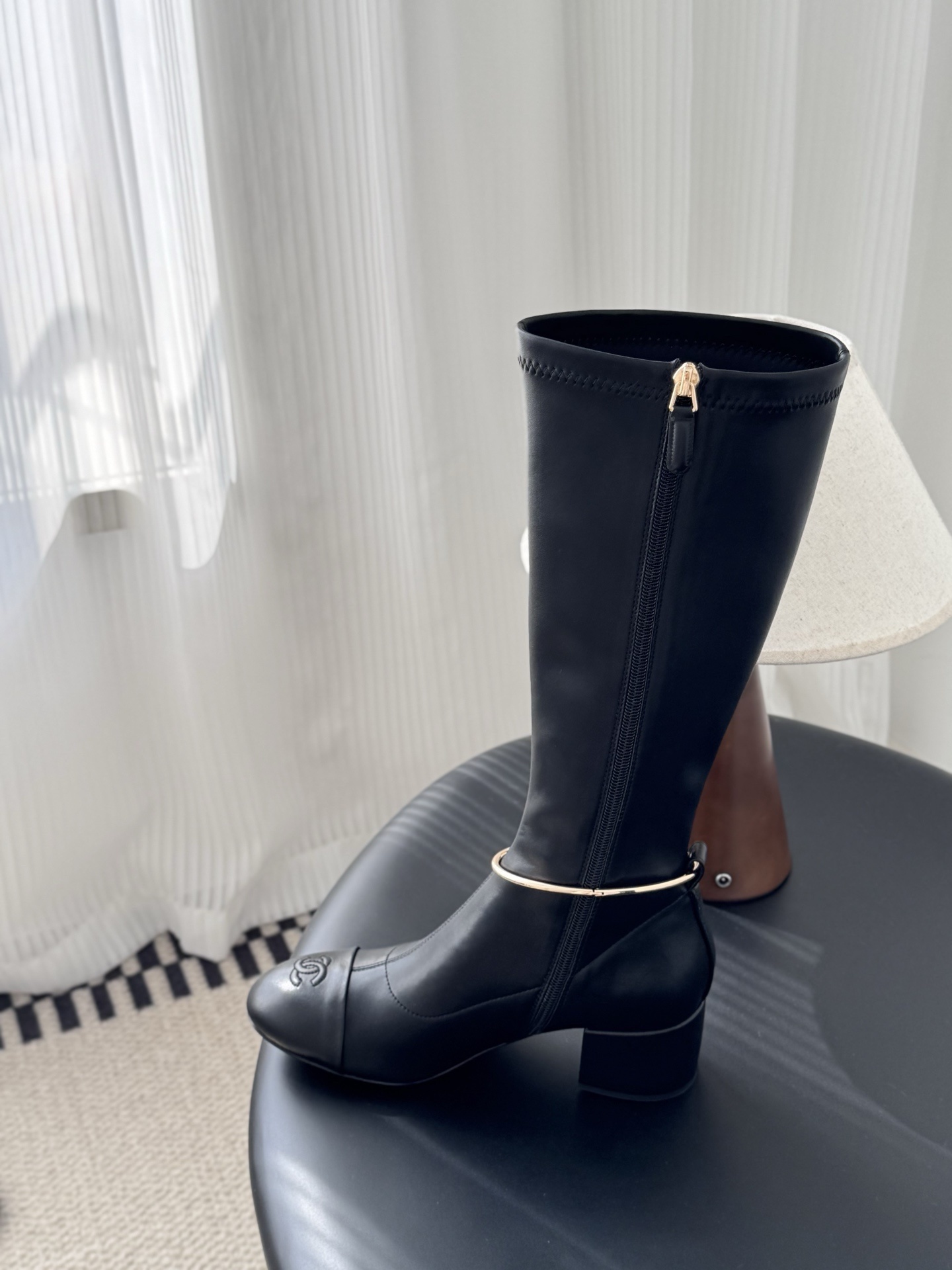 Women's Luxury Black Knee High Boots with Gold Chain Detail